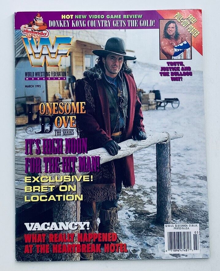 WWF World Wrestling Federation Magazine March 1995 cover featuring a dramatic scene with a cowboy character. The magazine includes details on wrestling superstars, exclusive articles, and a free pull-out poster of a wrestler. This collectible vintage magazine highlights the transition of WWF during the mid-1990s, making it a valuable item for wrestling fans.