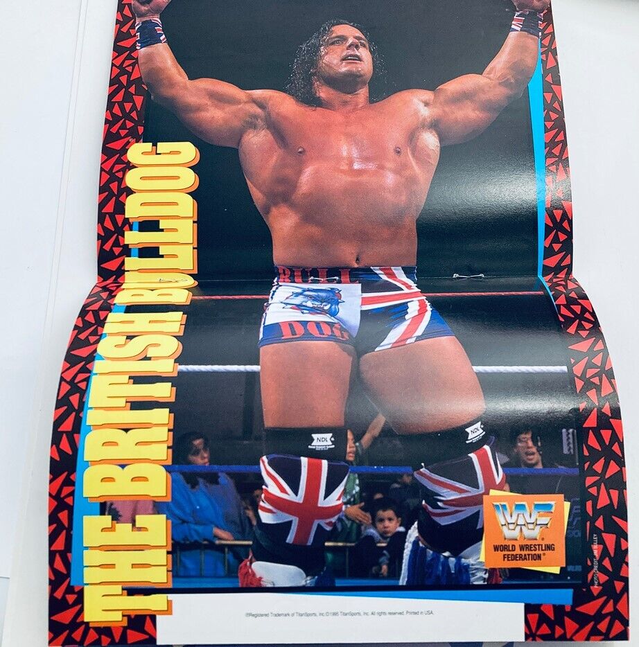 WWF World Wrestling Federation Magazine March 1995 poster of The British Bulldog, showcasing the iconic wrestler in action with vibrant graphics.