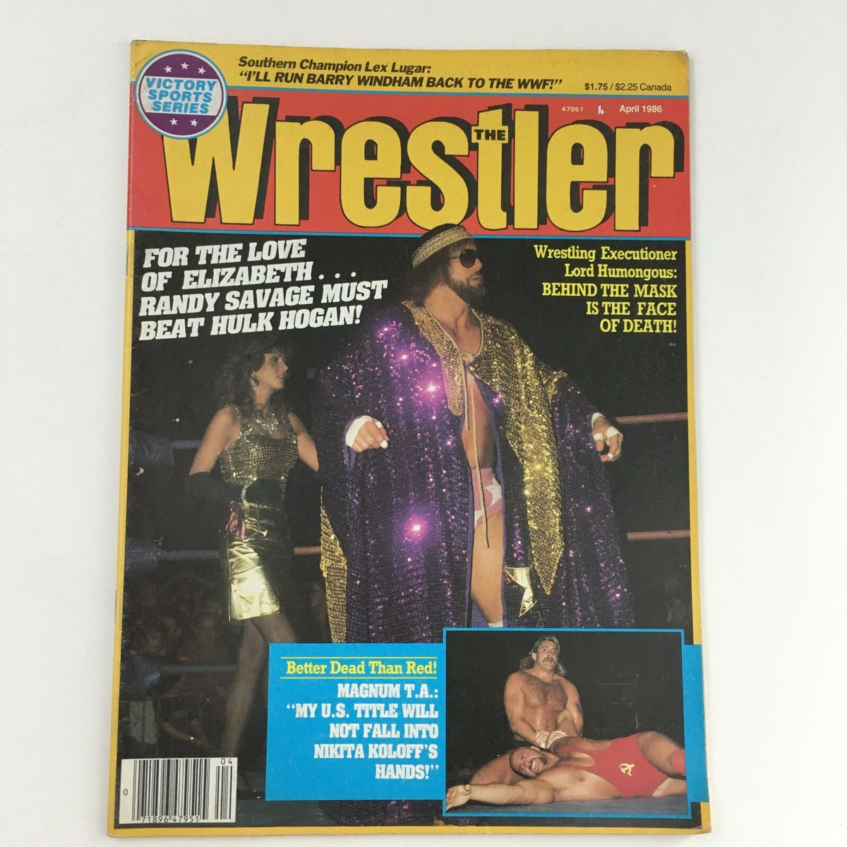 Cover of The Wrestler Magazine April 1986 featuring Randy Savage in a glittering robe alongside Elizabeth, with a headline about their rivalry with Hulk Hogan.