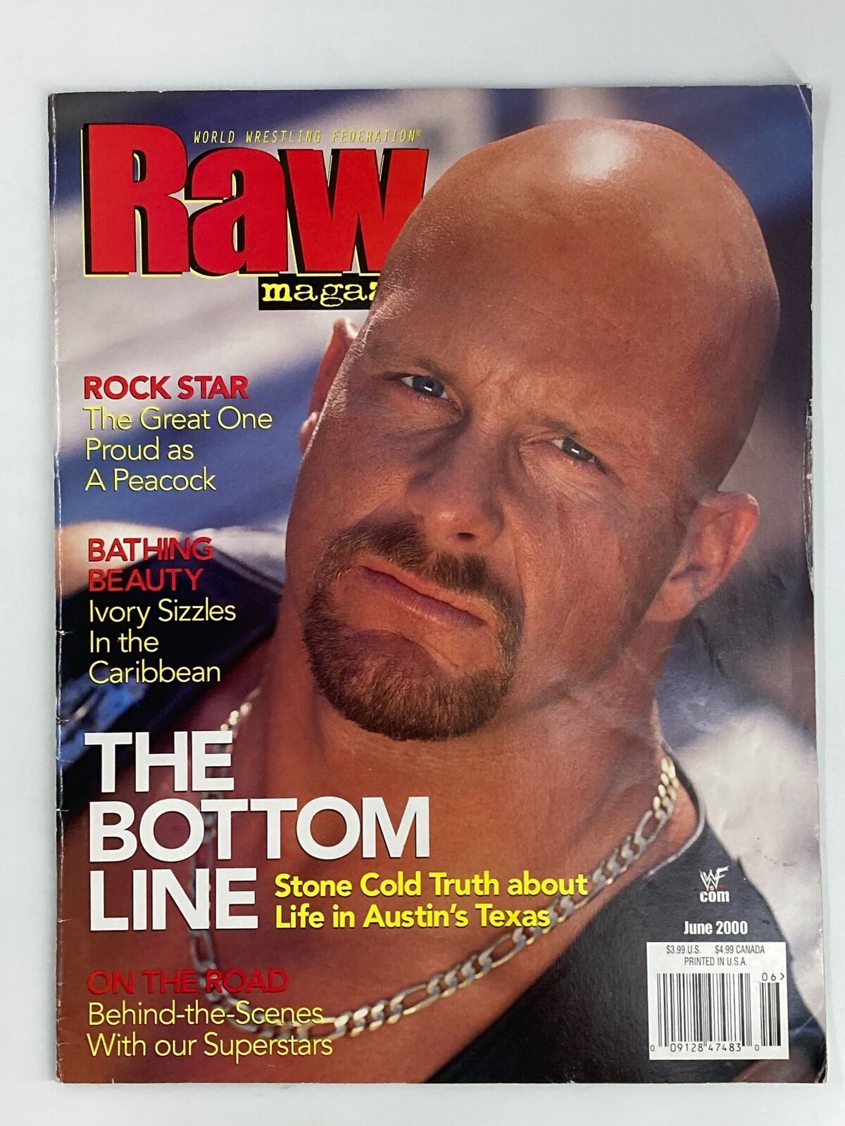 WWF Raw Magazine June 2000 featuring Stone Cold Steve Austin on the cover, showcasing wrestling history and culture from the late 90s era.