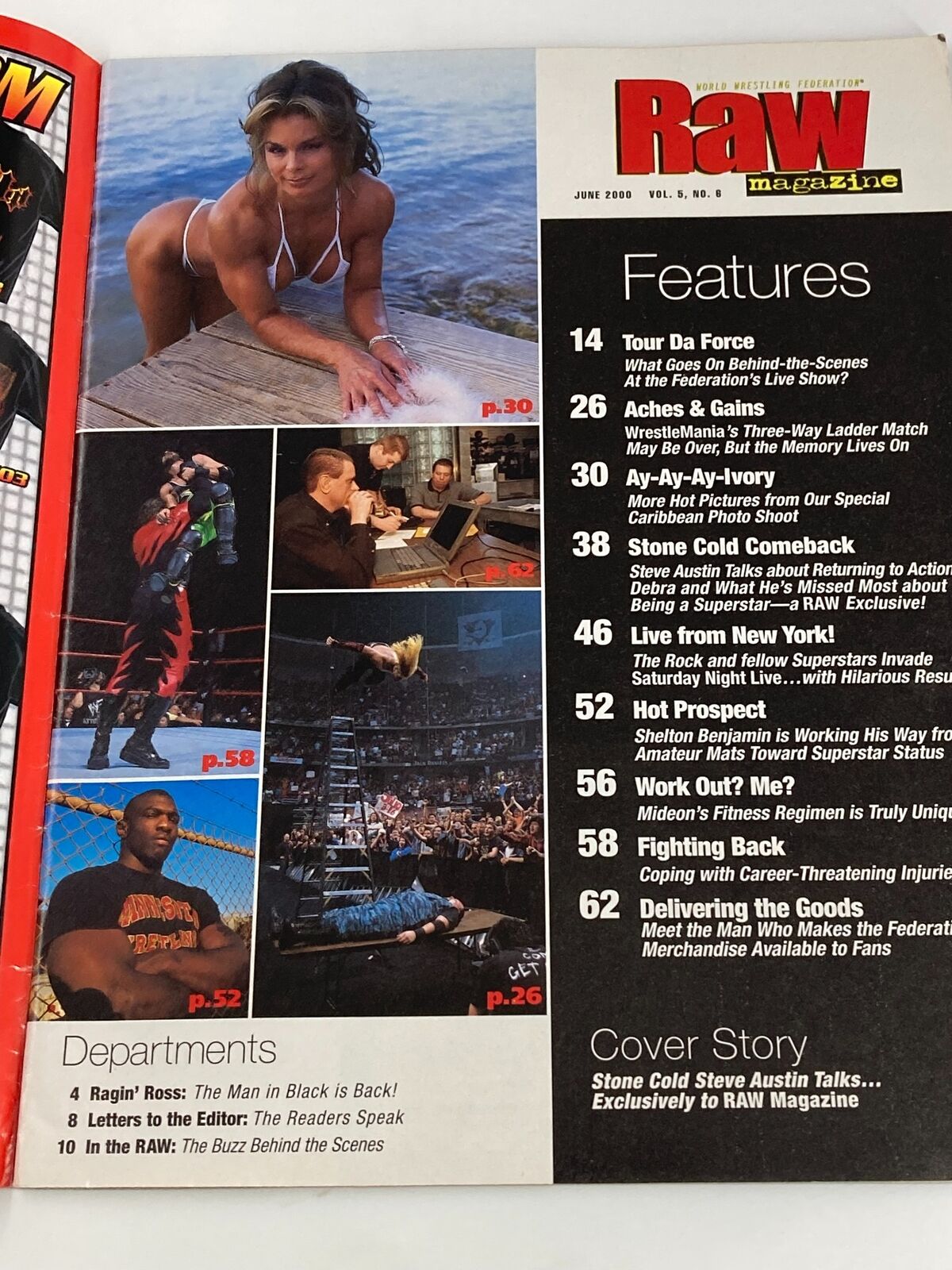 Cover of WWF Raw Magazine from June 2000 featuring Stone Cold Steve Austin, showcasing wrestling culture and highlights from the era.