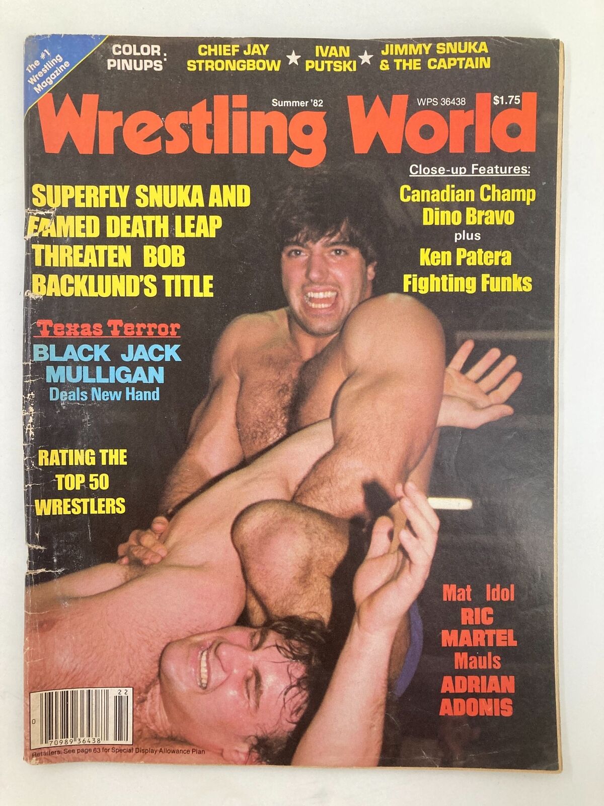Cover of VTG Wrestling World Magazine Summer 1982 featuring Jimmy Snuka and Bob Backlund, highlighting wrestling stories and a full-sized poster.