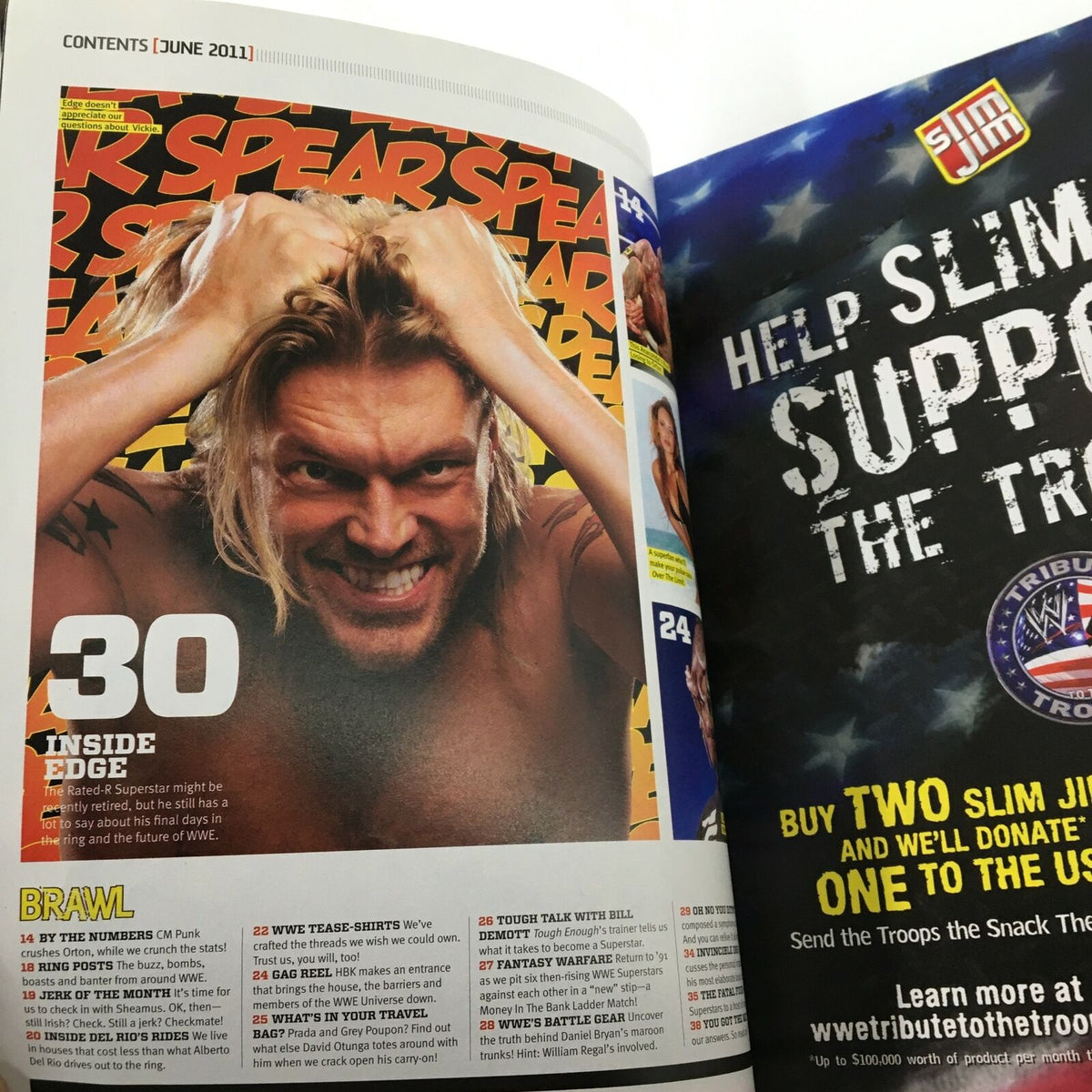 Interior page of WWE Magazine June 2011 displaying the contents page with an image of Edge expressing frustration, alongside text about wrestling topics and features in the magazine.