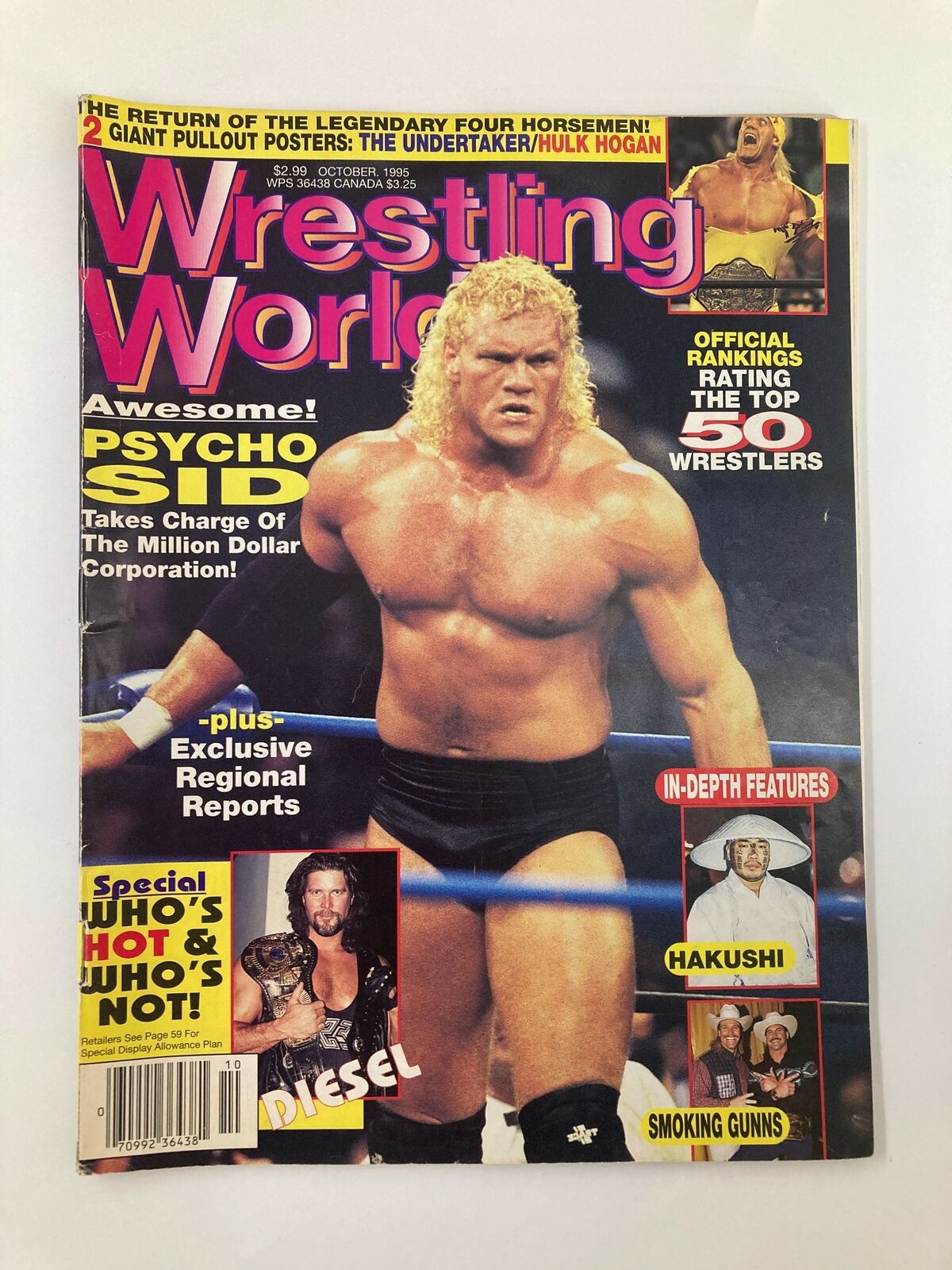 Cover of Wrestling World Magazine October 1995 featuring Psycho Sid, showcasing his muscular physique and vibrant colors, highlighting the iconic wrestling rivalry with Hulk Hogan, and the magazine's title in bold.