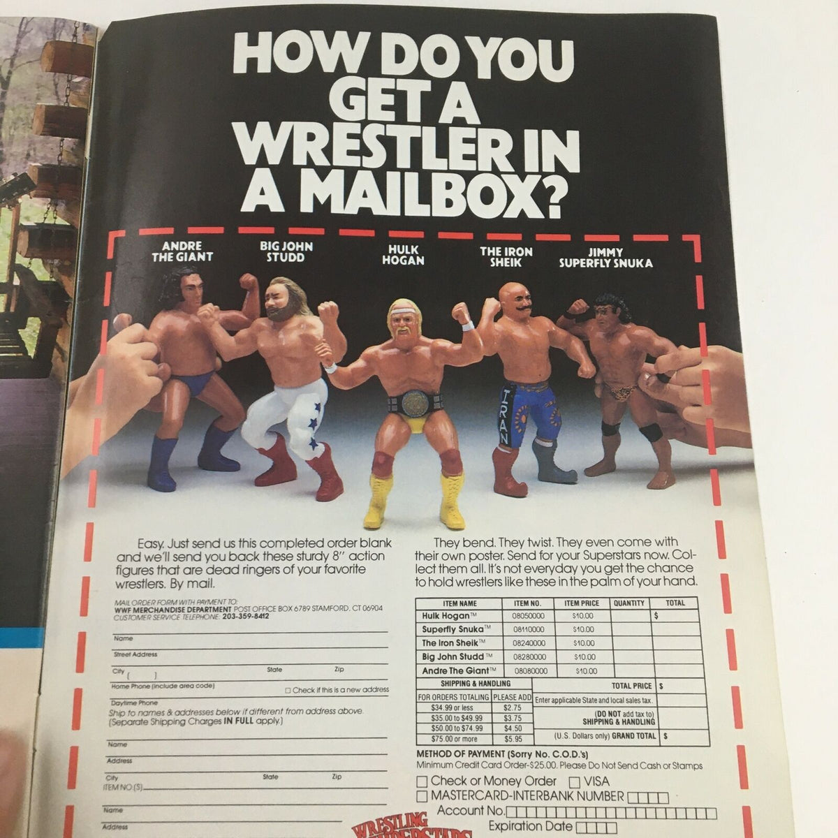 WWF Magazine August 1985 promotional page showing wrestling action figures, enticing fans to collect iconic wrestlers like Hulk Hogan and Andre the Giant.