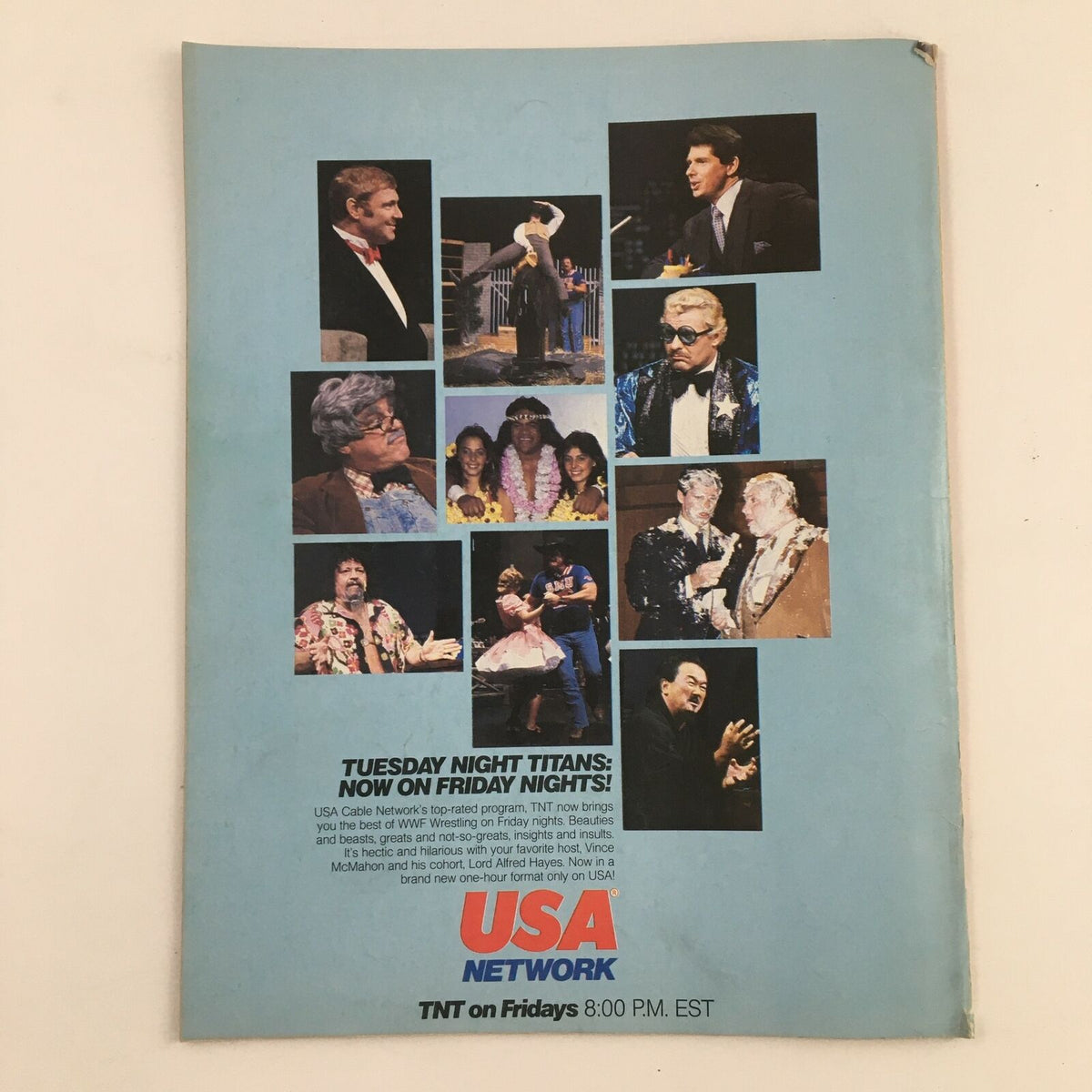 WWF Magazine August 1985 back cover featuring a collage of memorable wrestlers and entertainment highlights, emphasizing the show's popular characters.