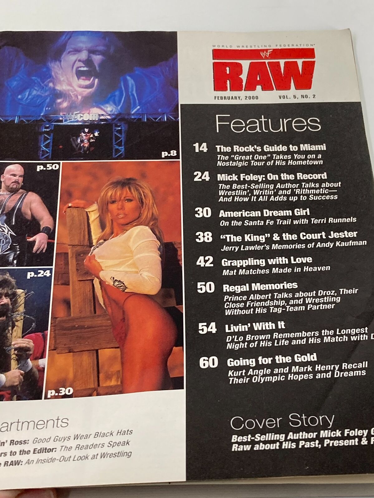 Interior page of WWF Raw Magazine February 2000 featuring articles and features, emphasizing the wrestling content from the era.