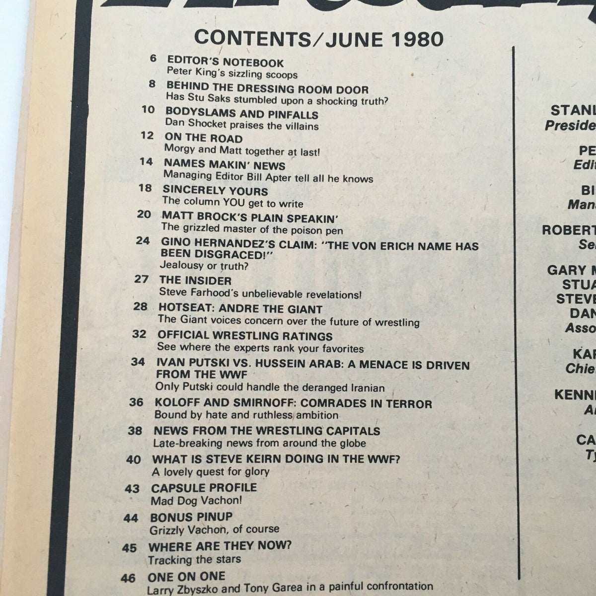 Contents page of Inside Wrestling Magazine, June 1980, listing key articles including Ivan Putski vs Hussein Arab and Andre the Giant.