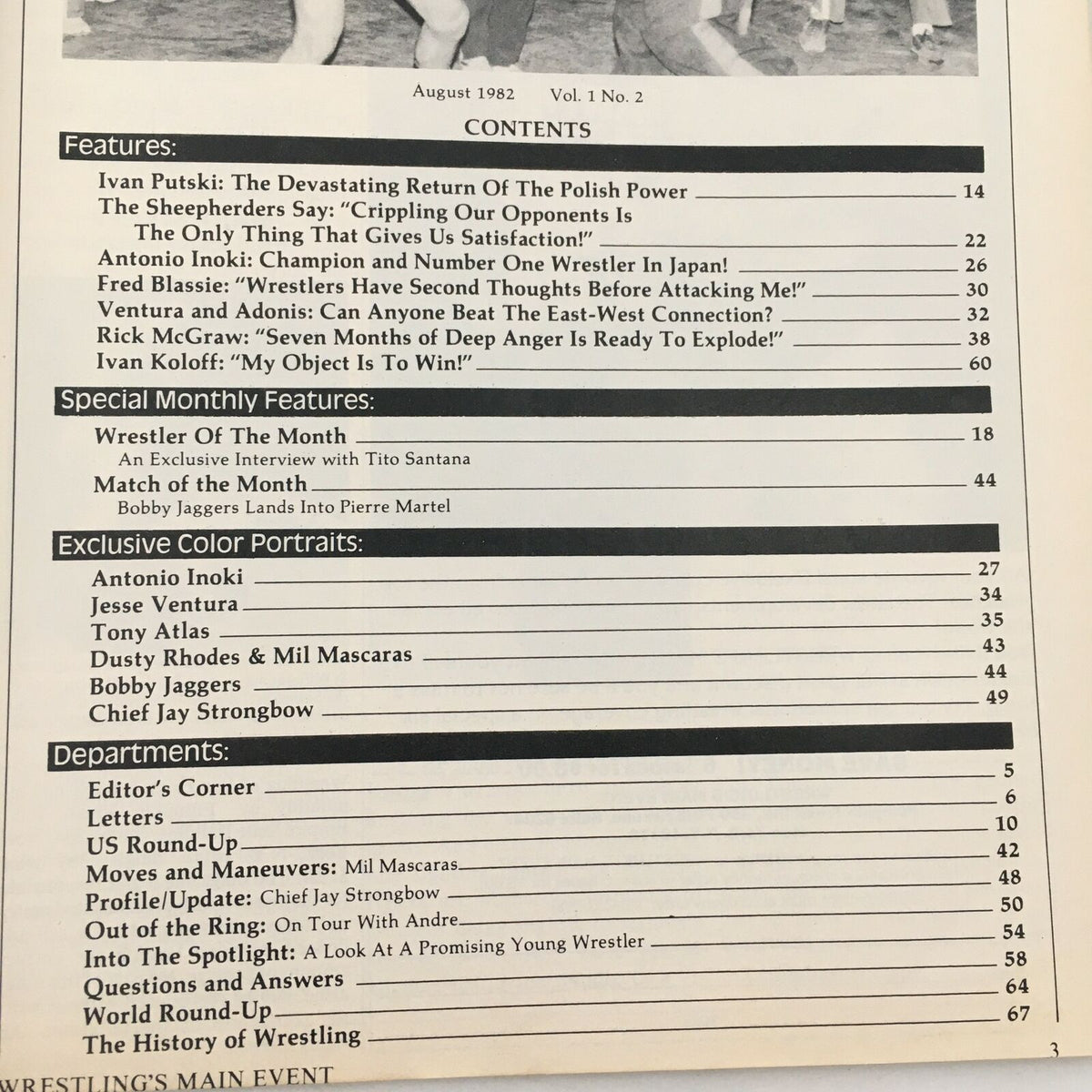 Contents page of Wrestling's Main Event Magazine August 1982 featuring Ivan Putski's return and articles on Adonis and Ventura.
