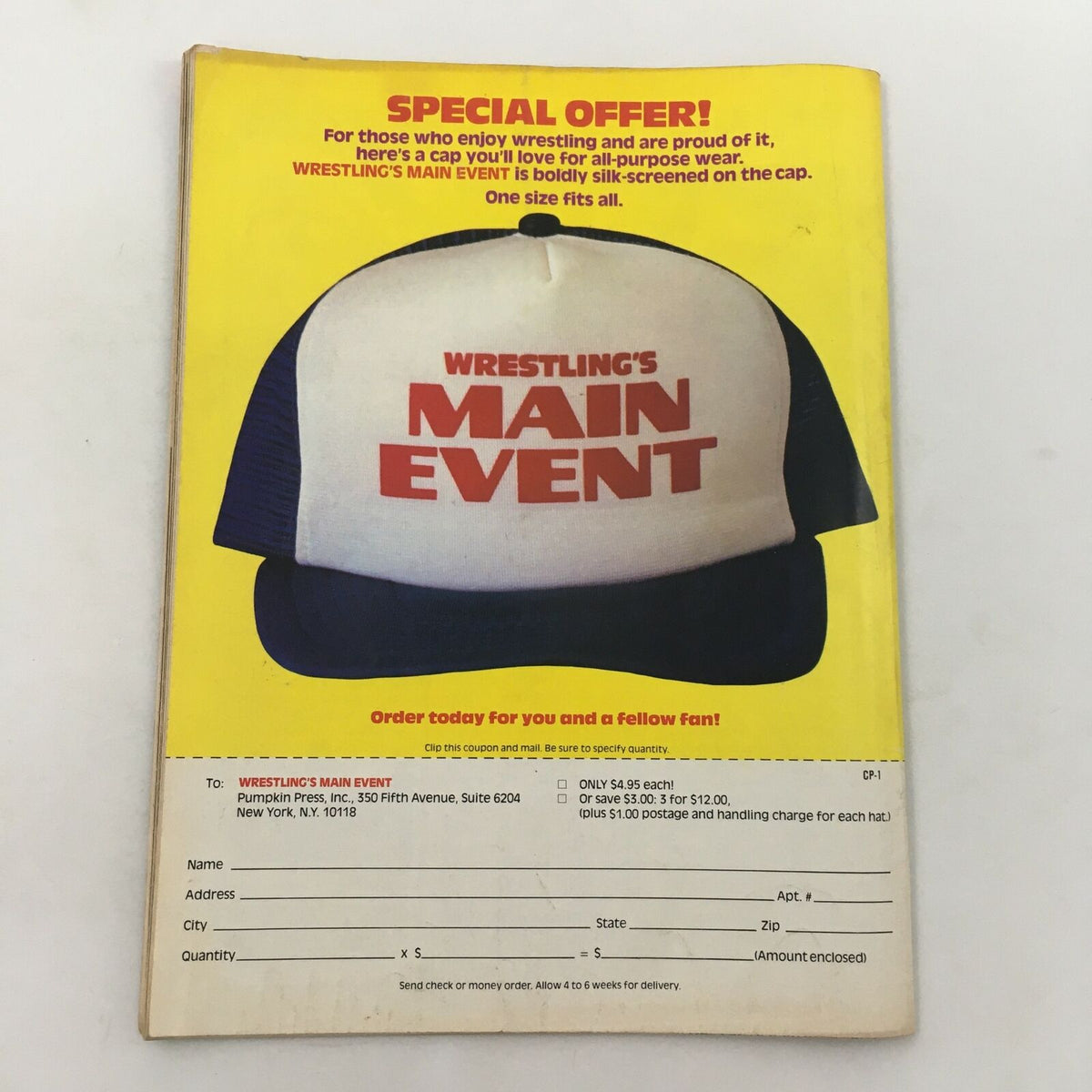 Back cover of Wrestling's Main Event Magazine August 1982 showcasing a special offer for a branded cap.