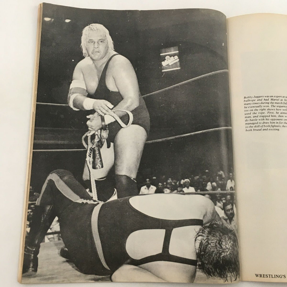 Action shot from Wrestling's Main Event Magazine August 1982 featuring wrestler Bobby Jaggers in the ring.