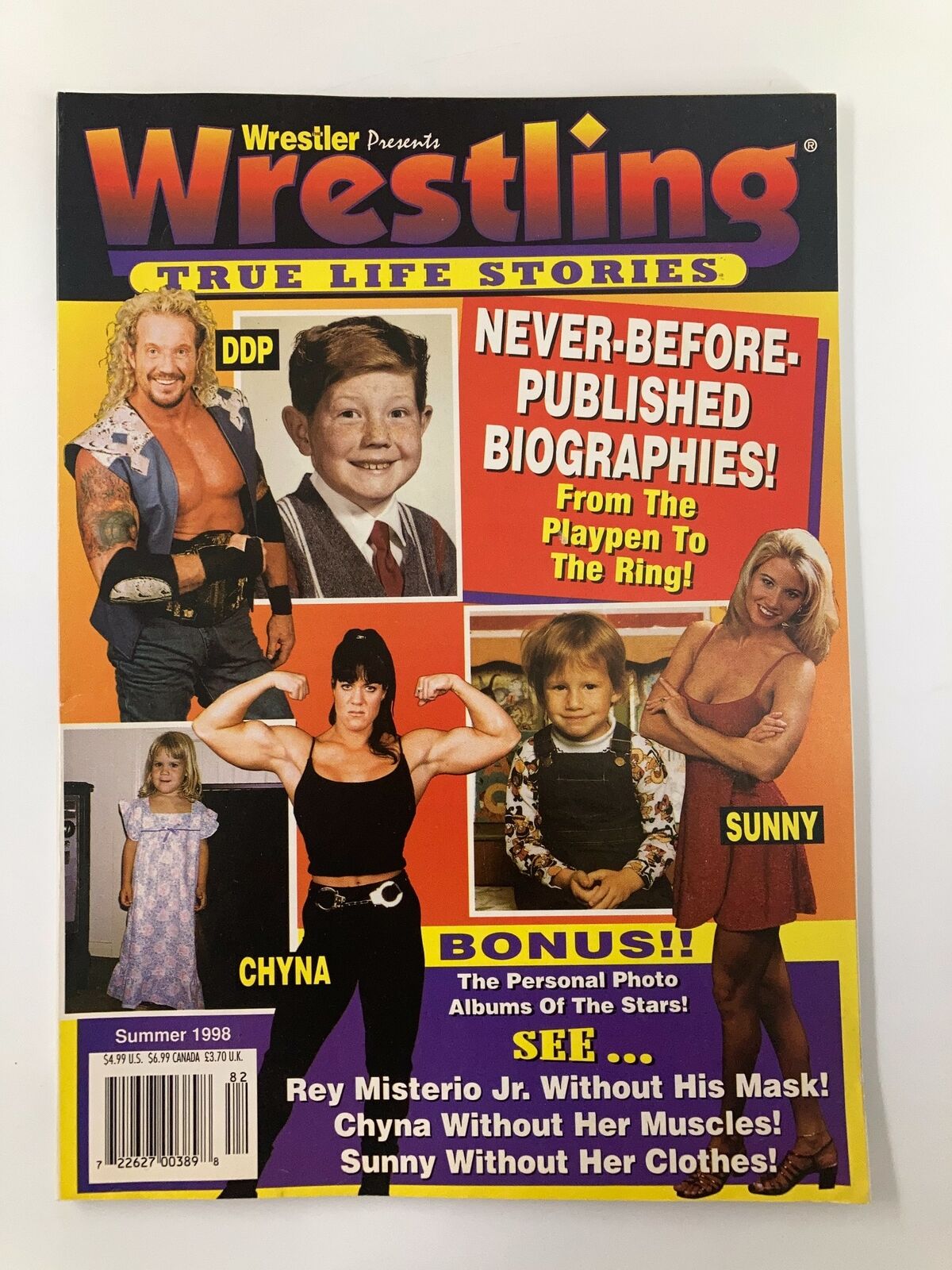 The Wrestler Presents Summer 1998 magazine cover featuring iconic wrestlers Chyna, Sunny, and Diamond Dallas Page, highlighting their roles in the wrestling world. The cover includes striking graphics and promotional text related to exclusive biographies and personal stories of the stars.