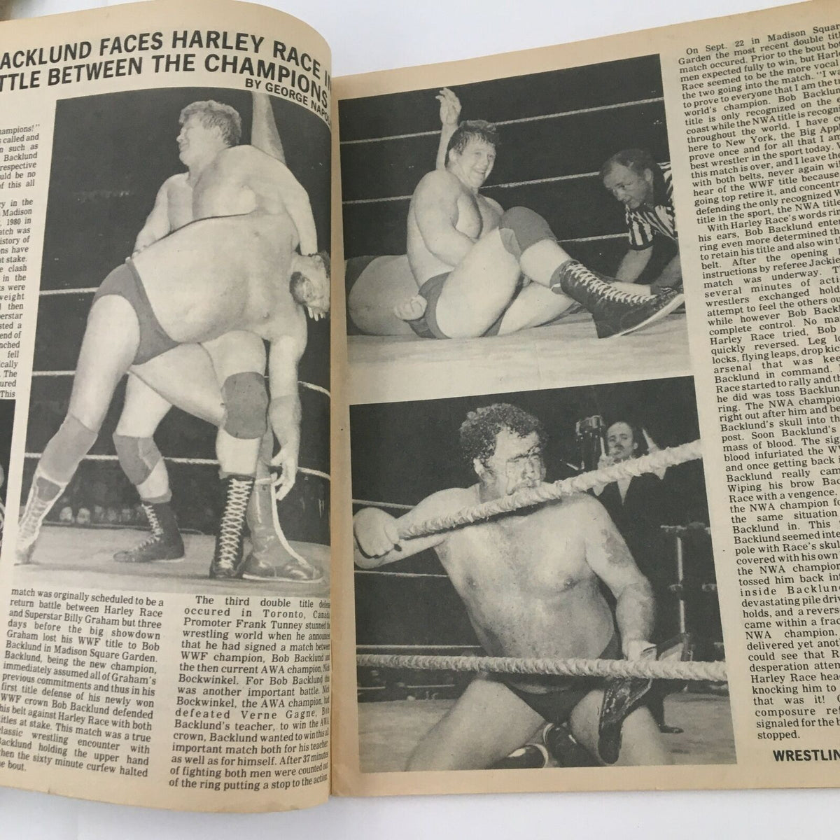 A historic feature from The Ring's Wrestling Magazine February 1981 showcasing Bob Backlund facing Harley Race in an intense wrestling match.