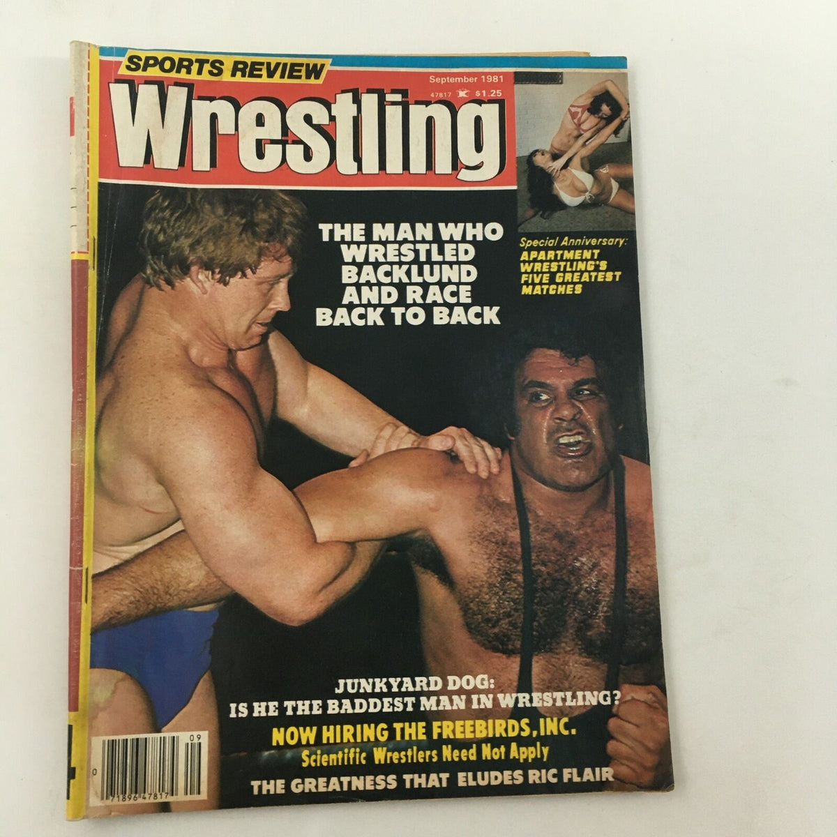 Cover of Sports Review Wrestling Magazine from September 1981 featuring Ric Flair vs Harley Race for NWA, highlighting the rivalry and wrestling culture of the era.