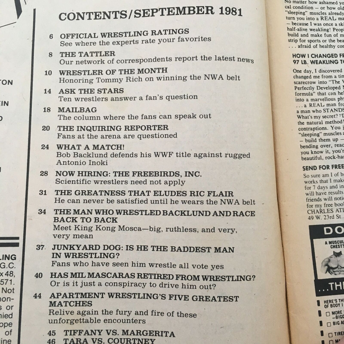 Table of contents page for Sports Review Wrestling Magazine September 1981, showcasing topics and features including wrestler profiles and match highlights.