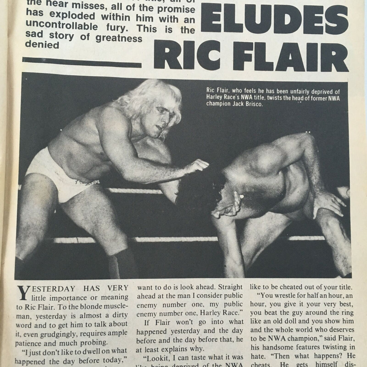 Page from Sports Review Wrestling Magazine September 1981 detailing an article on Ric Flair, discussing his career setbacks and rivalry with Harley Race.
