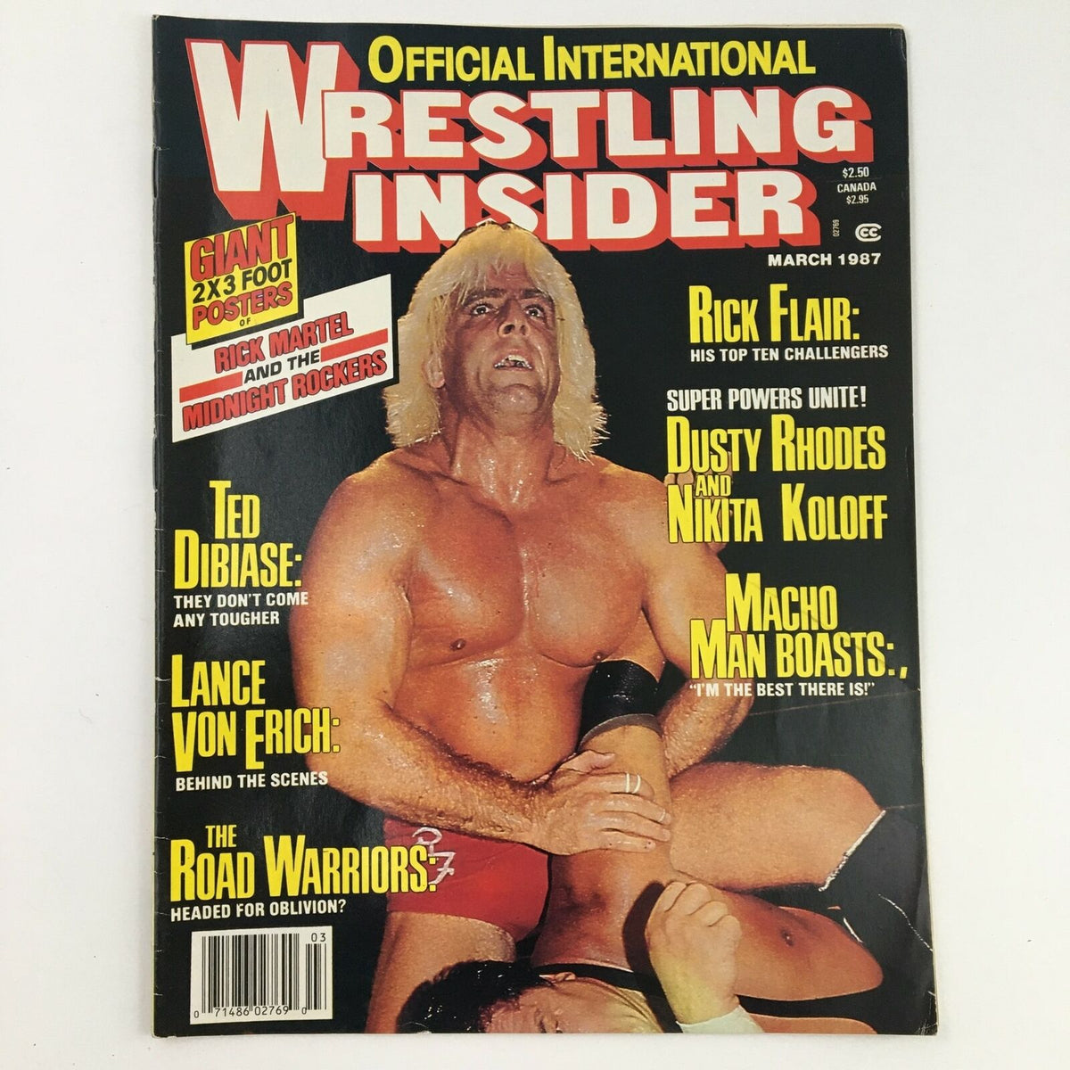 Wrestling Insider Magazine March 1987 cover featuring Rick Martel and Ted DiBiase, highlighting iconic wrestlers and upcoming challenges.
