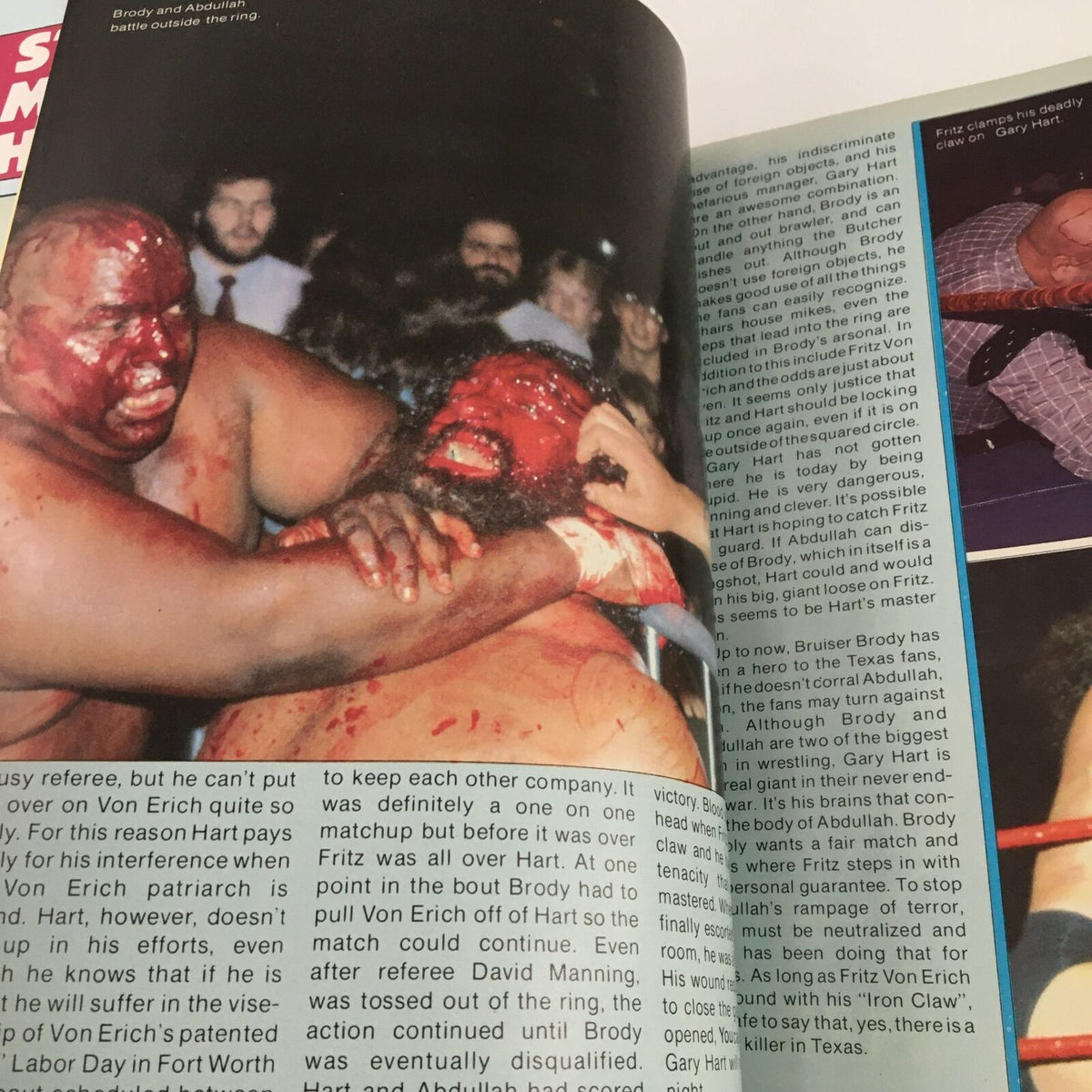 Page from Wrestling Insider Magazine March 1987 depicting Brody and Abdullah in a wrestling match, showcasing intense wrestling action.