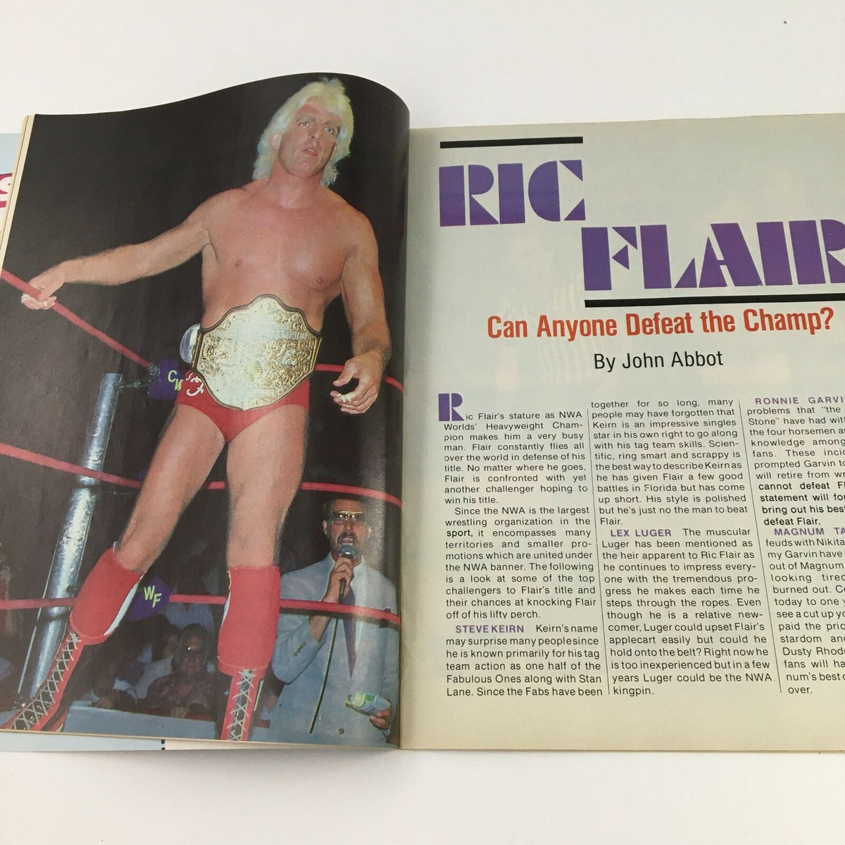 Wrestling Insider Magazine March 1987 with an article about Ric Flair, showcasing him as the NWA Worlds Heavyweight Champion in the wrestling ring.