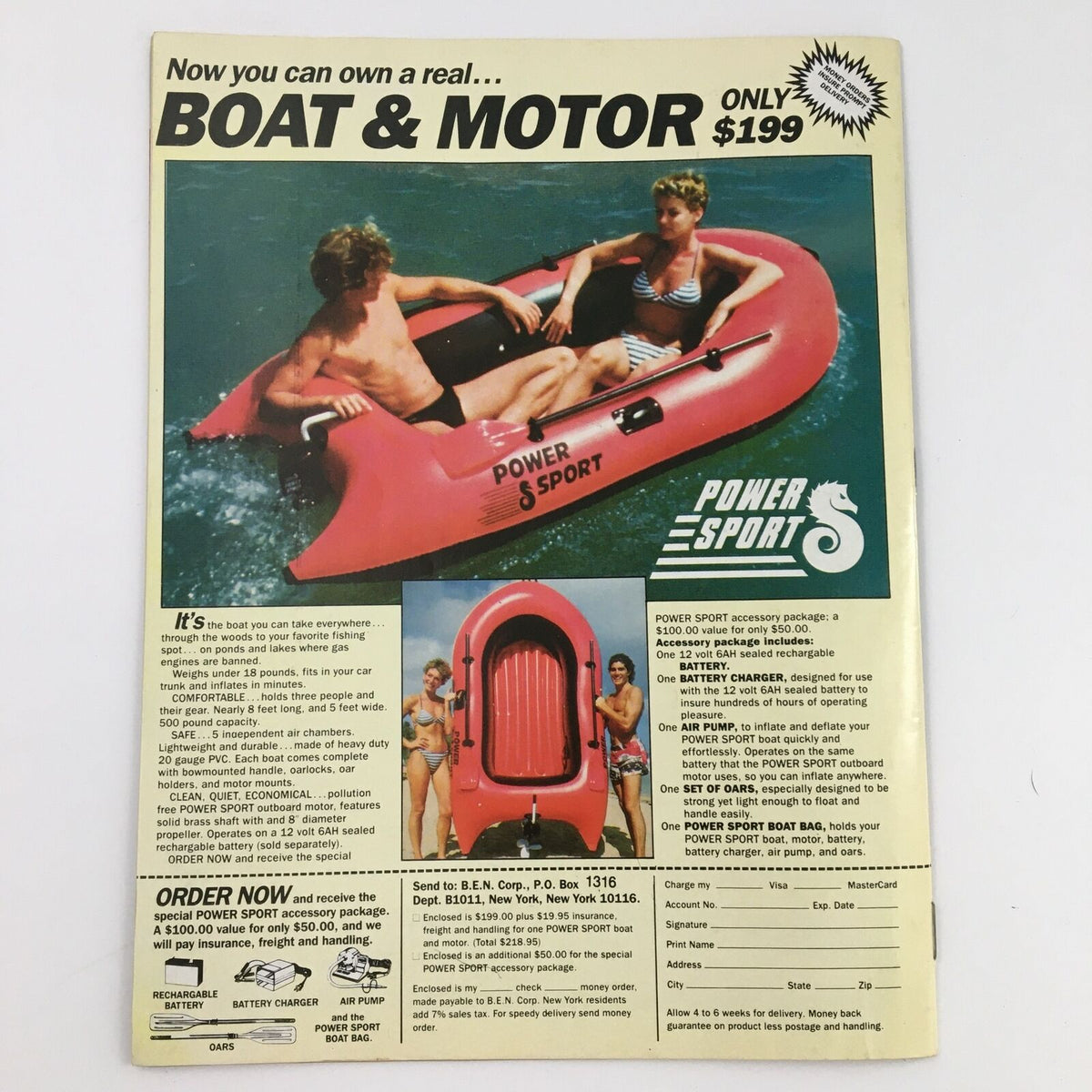 Wrestling Insider Magazine March 1987 featuring an advertisement for a Power Sport boat and motor, highlighting its features and pricing.
