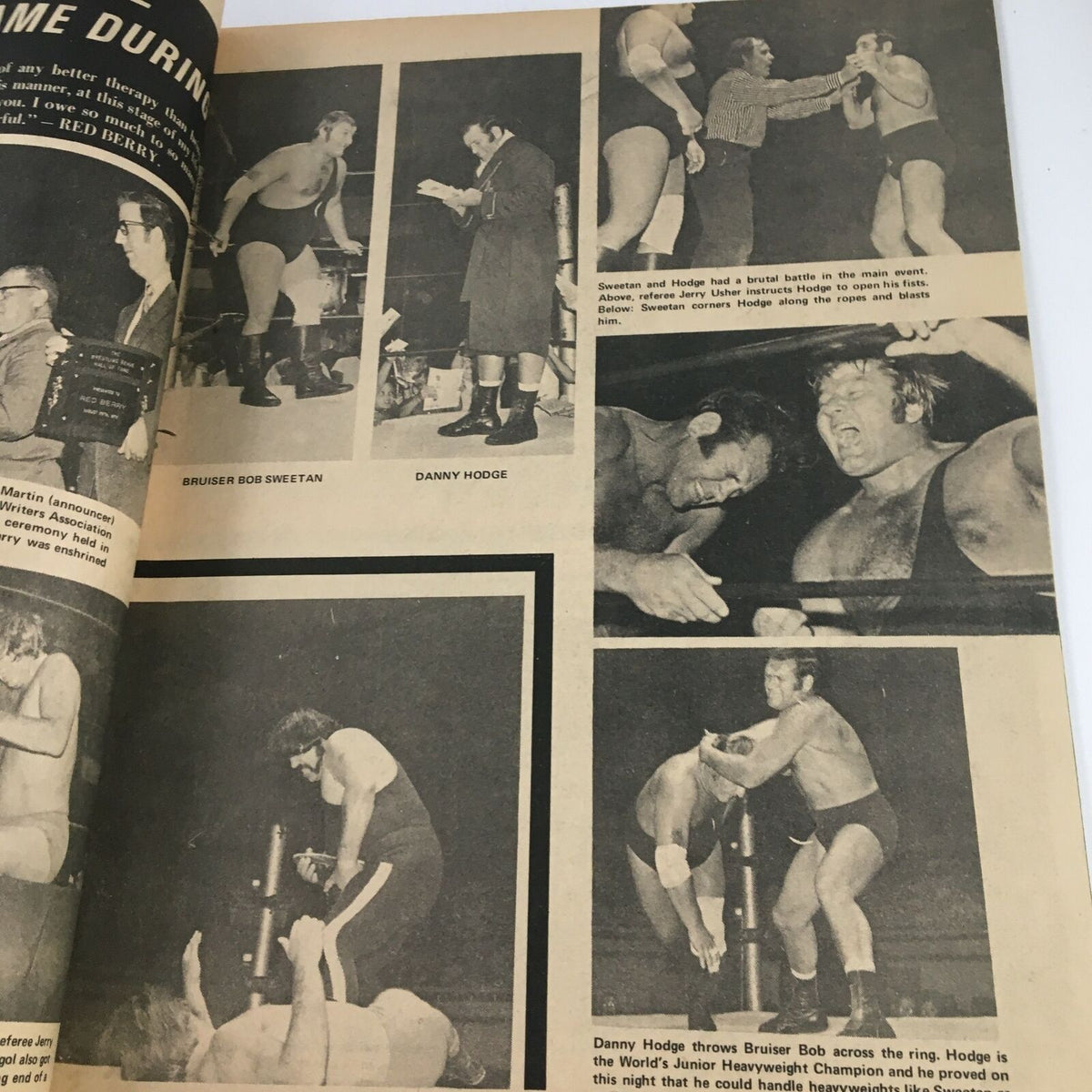 Wrestling Monthly Magazine December 1972 Carpenter and Robert features images from wrestling events, including Bruiser Bob Sweetan and Danny Hodge in action.