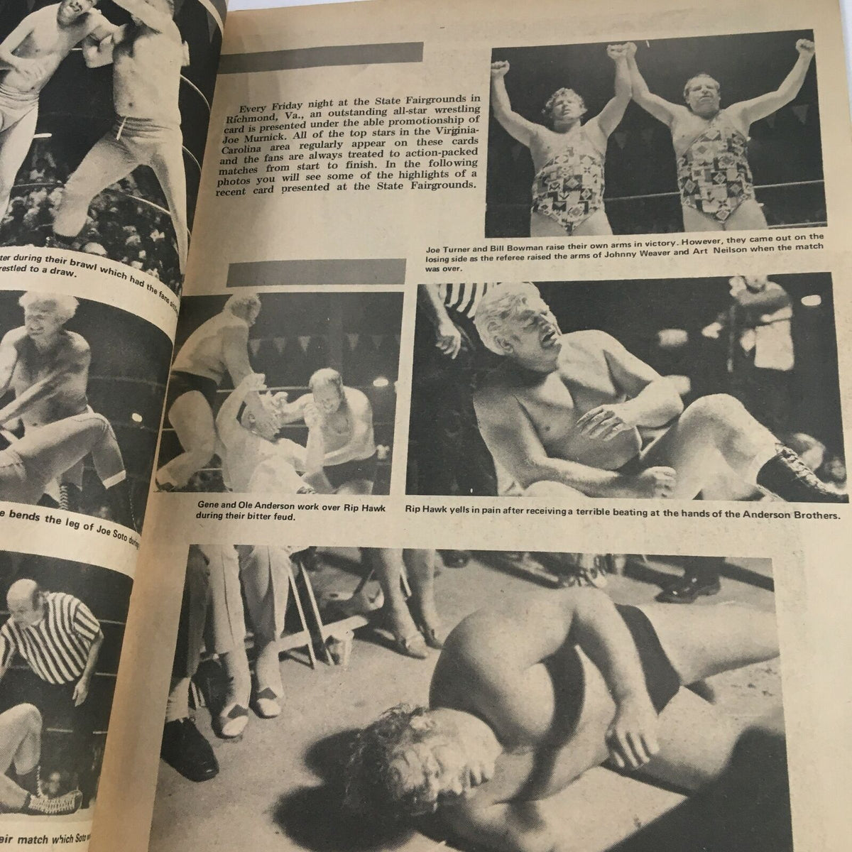 Wrestling Monthly Magazine December 1972 Carpenter and Robert showcases highlights from wrestling at the State Fairgrounds, featuring wrestlers Joe Turner and Rip Hawk.
