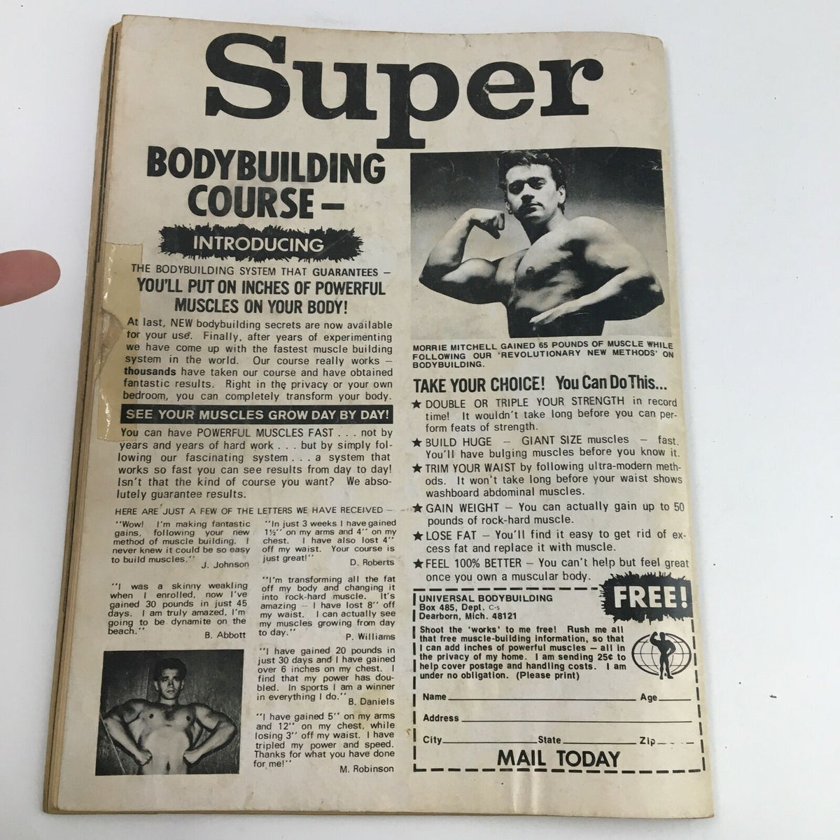 Super Bodybuilding Course advertisement featuring a muscular man promoting a bodybuilding program. Includes testimonials and details on strength building, from the Wrestling Monthly Magazine December 1972 Carpenter and Robert.