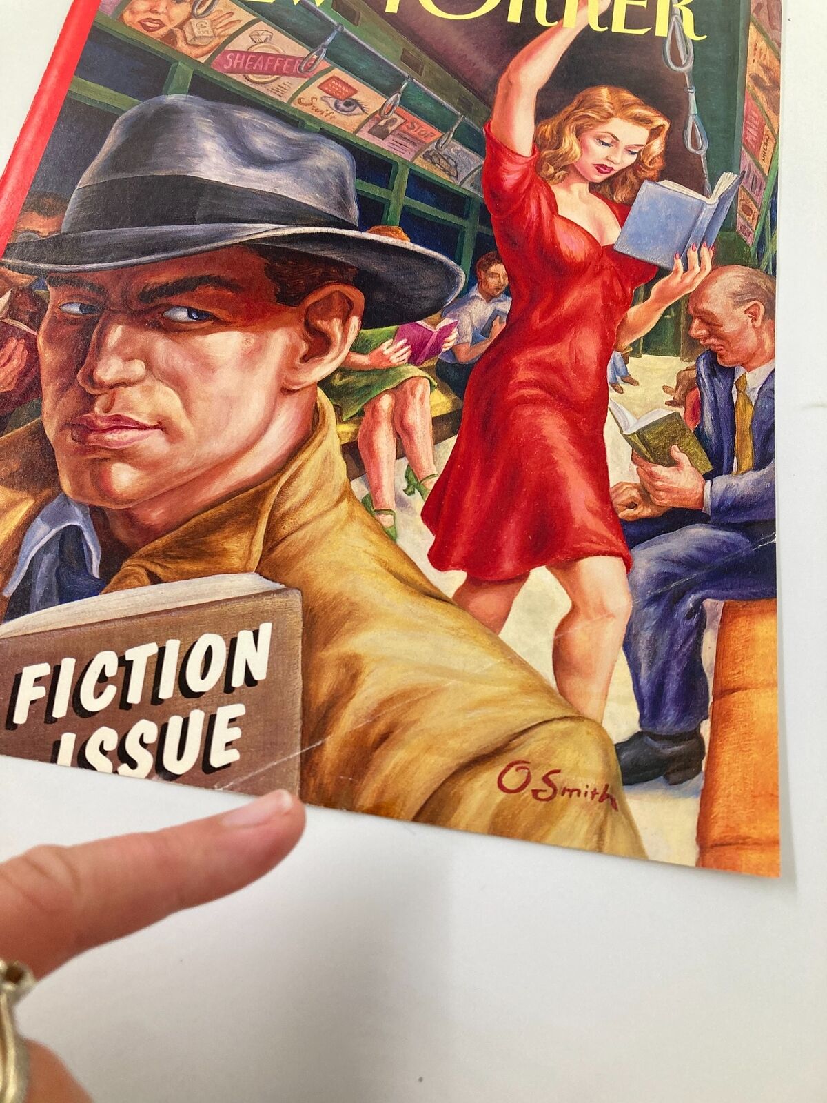 Another angle of The New Yorker cover, dated June 26, 1995, titled 'Lady in Red' by Owen Smith, showcasing the iconic artwork with a focus on the central figures in a subway setting.