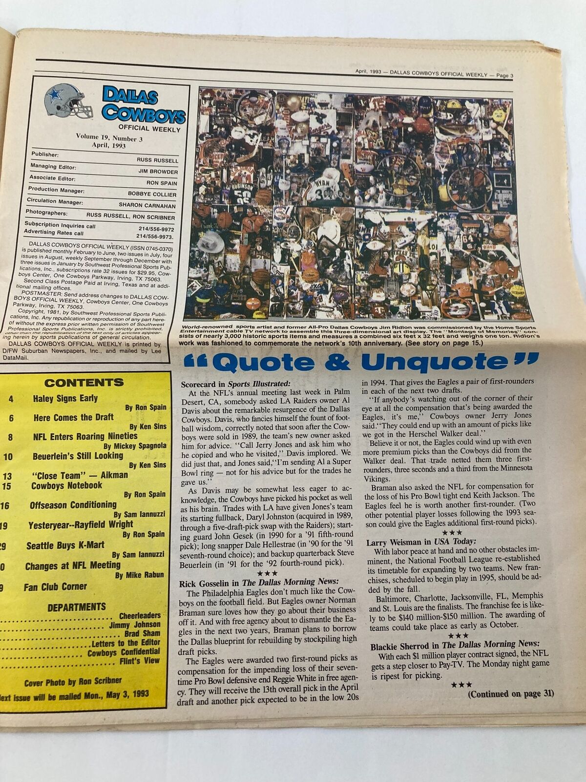 Interior page of the Dallas Cowboys Weekly Newspaper, April 1993, Vol 19 #3, displaying the table of contents and information about the publication.