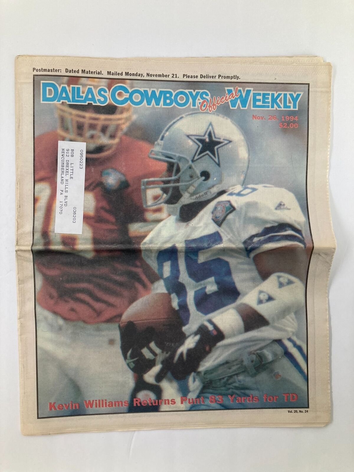 Dallas Cowboys Weekly Newspaper, November 26, 1994, Vol 20 #24 featuring cover image of Kevin Williams returning a punt for a touchdown.