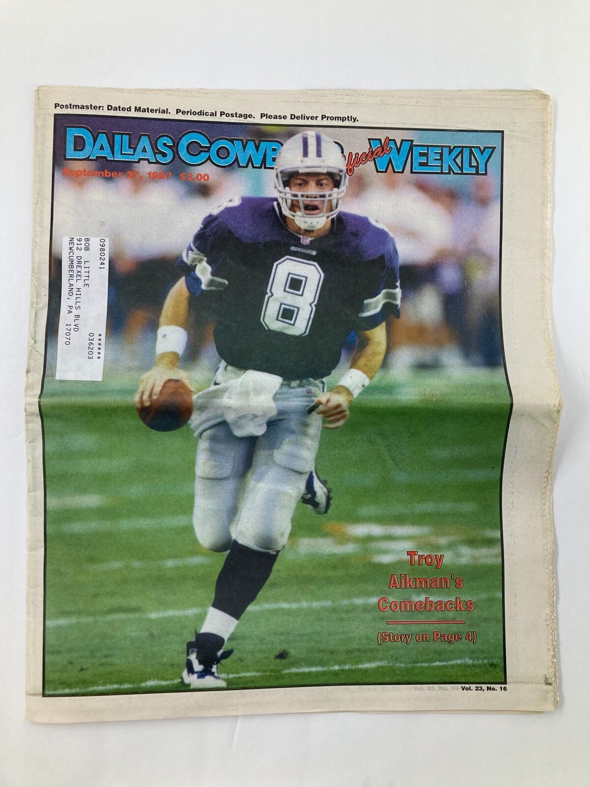 Cover of Dallas Cowboys Weekly Newspaper, September 27, 1997, Vol 23 #16 featuring Troy Aikman running with a football.