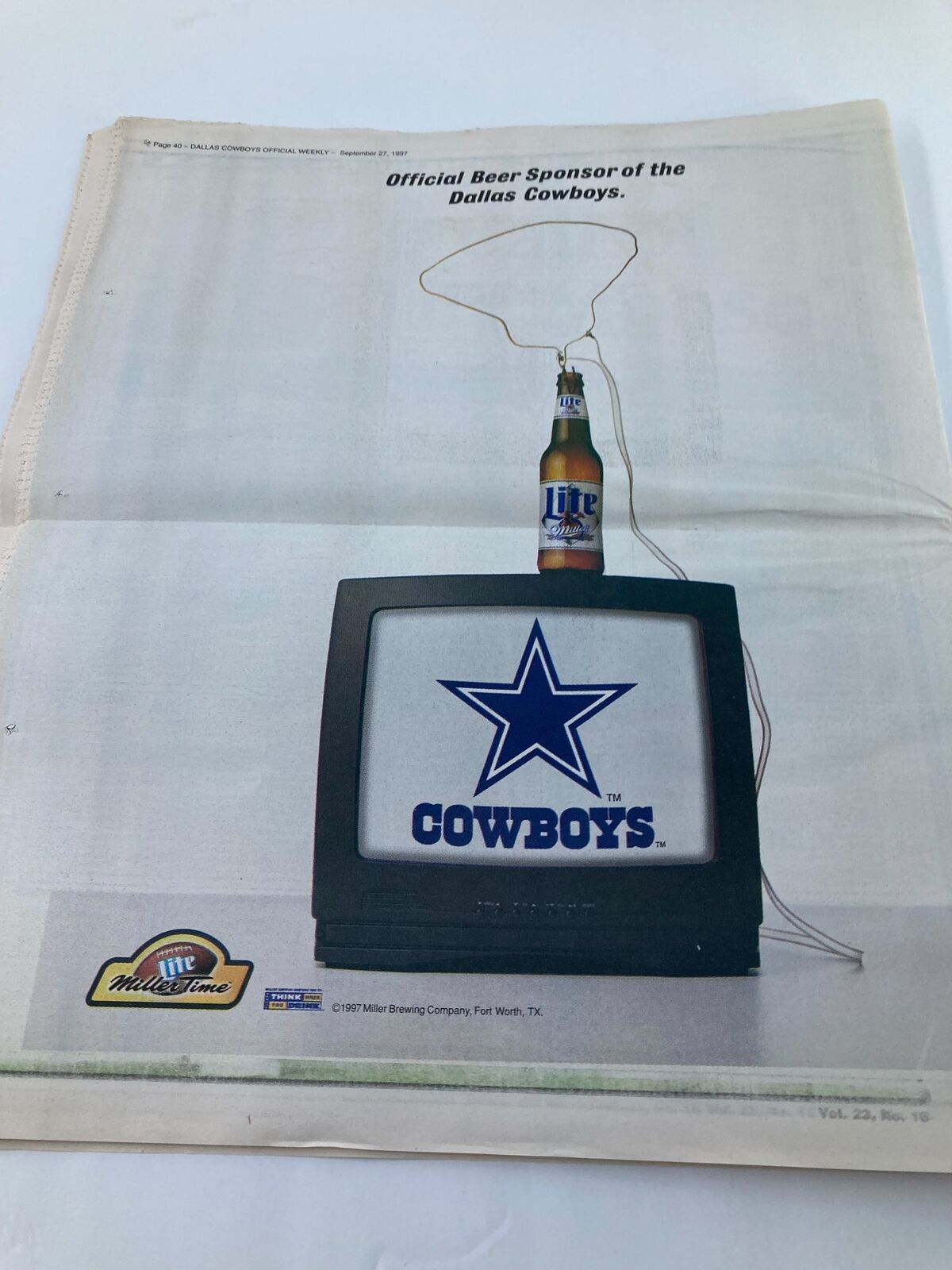 Back page of Dallas Cowboys Weekly Newspaper promoting Miller Brewing Company's sponsorship of the Dallas Cowboys, dated September 27, 1997.