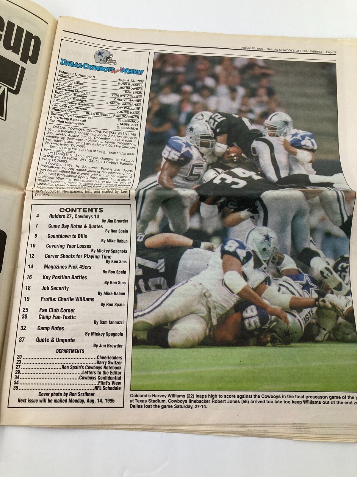 Inside page of the Dallas Cowboys Weekly Newspaper August 12 1995 Vol 21 #9, displaying contents and a photographic highlight of a Dallas Cowboys game against the Oakland Raiders.