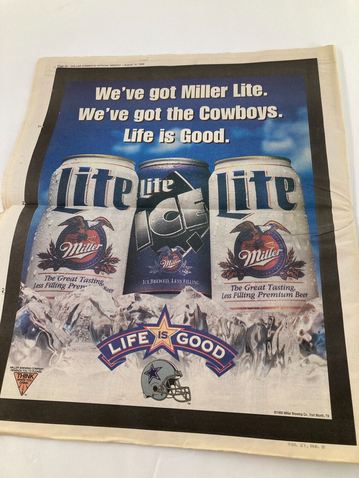 Dallas Cowboys Weekly Newspaper August 12 1995 Vol 21 #9 featuring an advertisement for Miller Lite beer, showcasing the tagline 'We've got Miller Lite. We've got the Cowboys. Life is Good.' The image includes two beer cans and a Cowboys logo.
