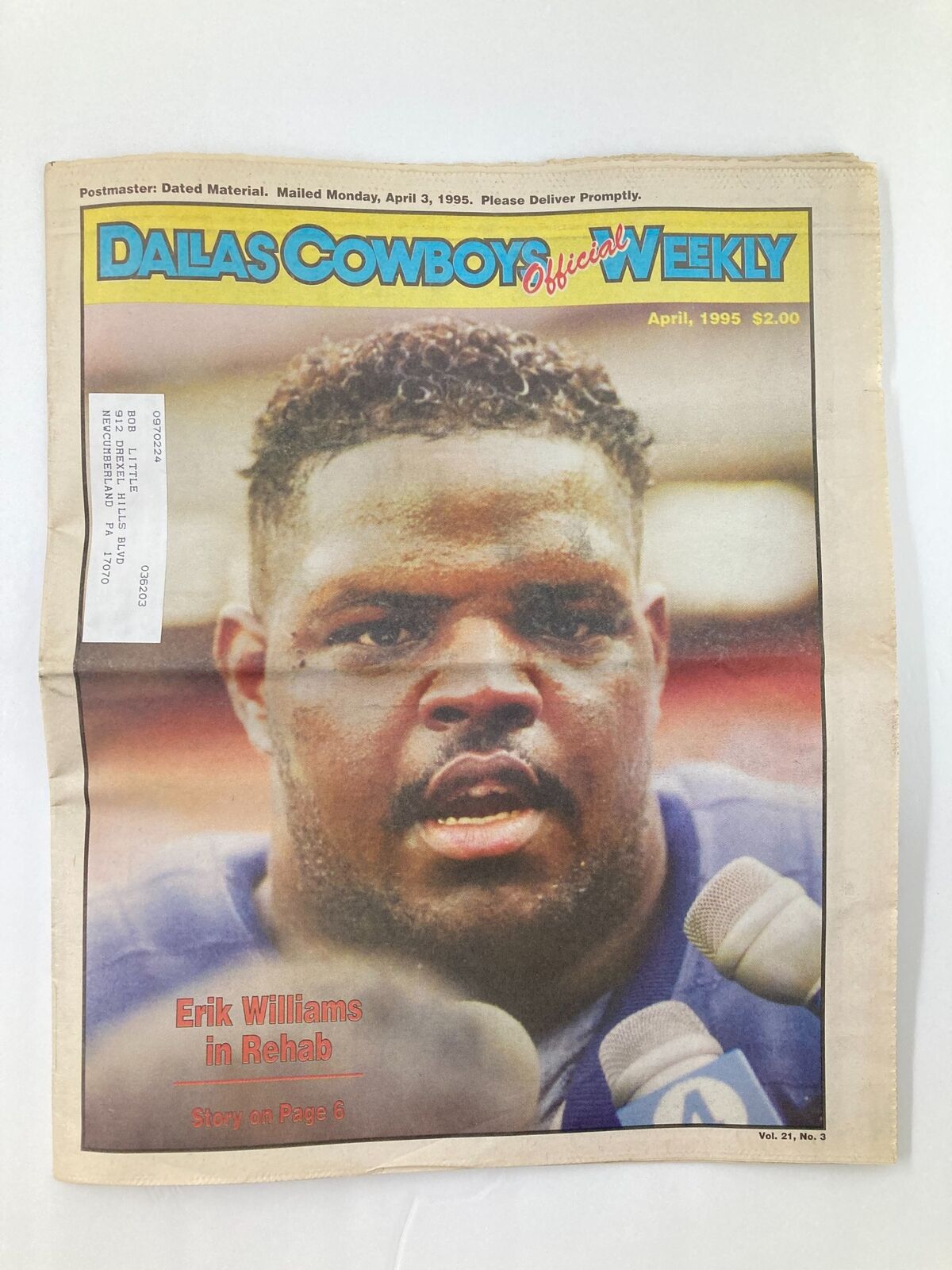 Cover of Dallas Cowboys Weekly Newspaper from April 1995, featuring Erik Williams in rehab. The newspaper highlights his story and includes the price and volume number.