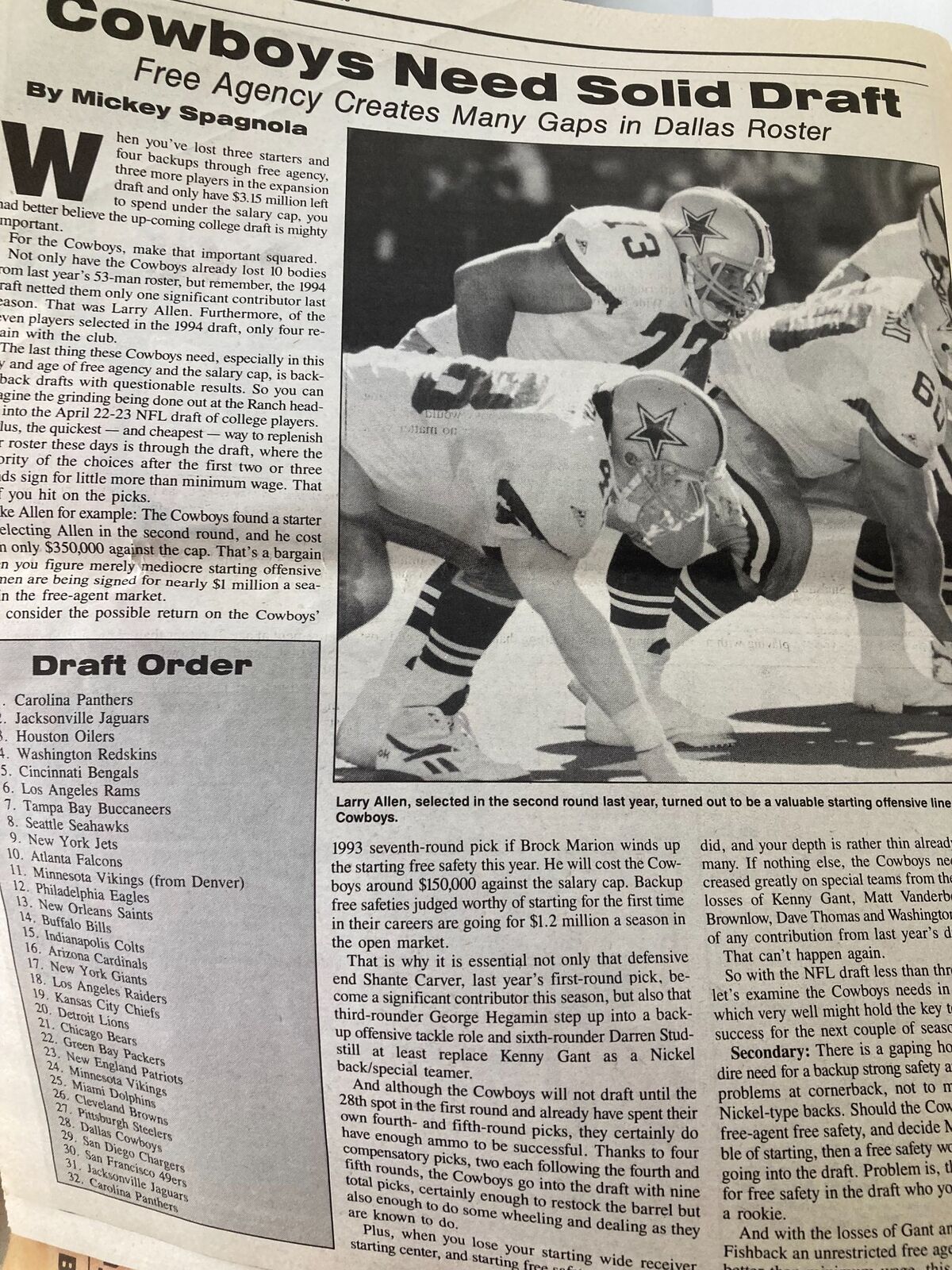 Dallas Cowboys Weekly Newspaper April 1995 Vol 21 #3 Erik Williams in Rehab, featuring an article about the Cowboys' draft needs and roster gaps, showcasing the team's strategy and potential players.