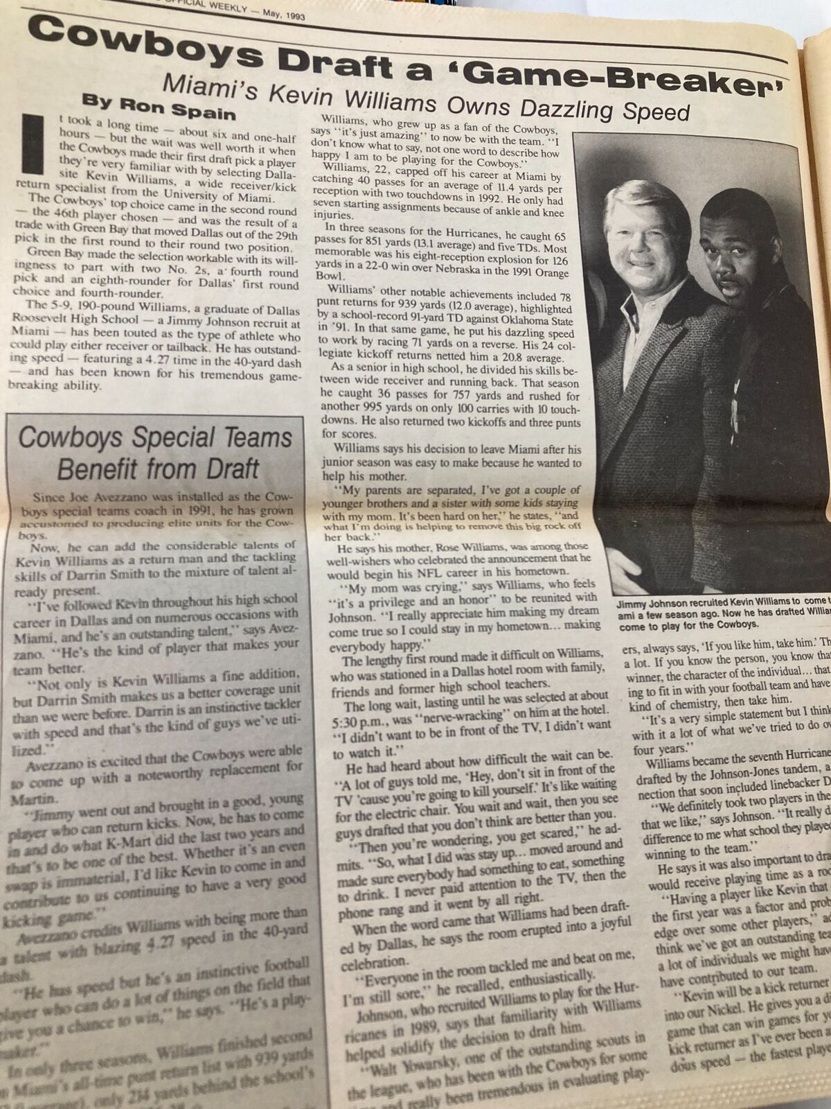 Dallas Cowboys Weekly Newspaper May 1993 Vol 19 #4 with a repeat feature on Miami's Kevin Williams, discussing his athletic achievements.