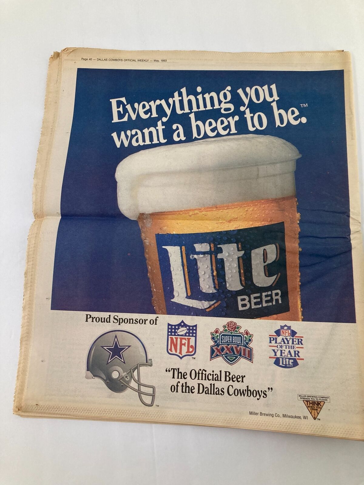 Dallas Cowboys Weekly Newspaper May 1993 Vol 19 #4 featuring an advertisement for Lite Beer, emphasizing the phrase 'Everything you want a beer to be' and highlighting sponsorship by the Dallas Cowboys.