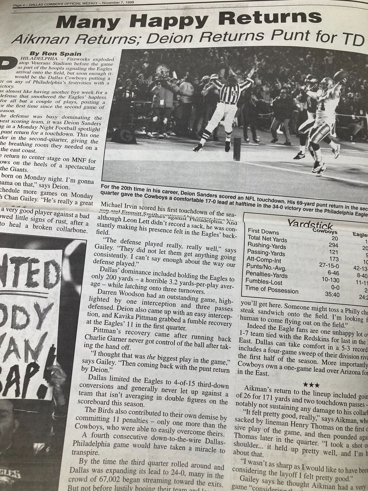 Editorial piece titled 'Many Happy Returns' from the Dallas Cowboys Weekly Newspaper, discussing notable plays by Troy Aikman and Deion Sanders during the game from November 7, 1998.