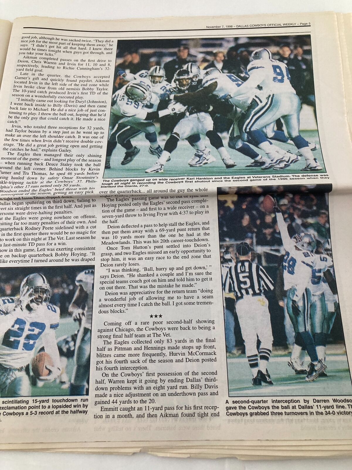 Dallas Cowboys Weekly Newspaper November 7 1998 Vol 24 #21 Troy Aikman Returns featuring game highlights and player actions during a Dallas Cowboys football game.