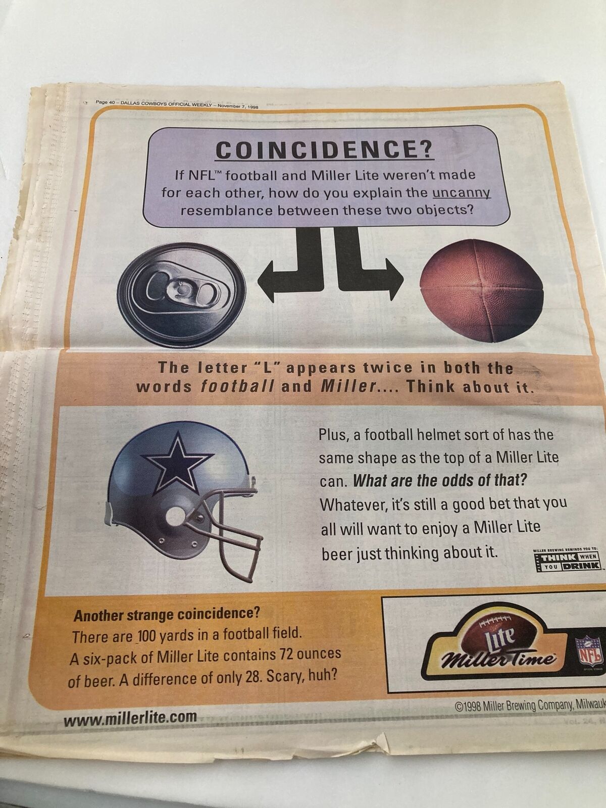 Dallas Cowboys Weekly Newspaper November 7 1998 Vol 24 #21 Troy Aikman Returns showcasing an advertisement connecting NFL football and Miller Lite beer with playful visuals.