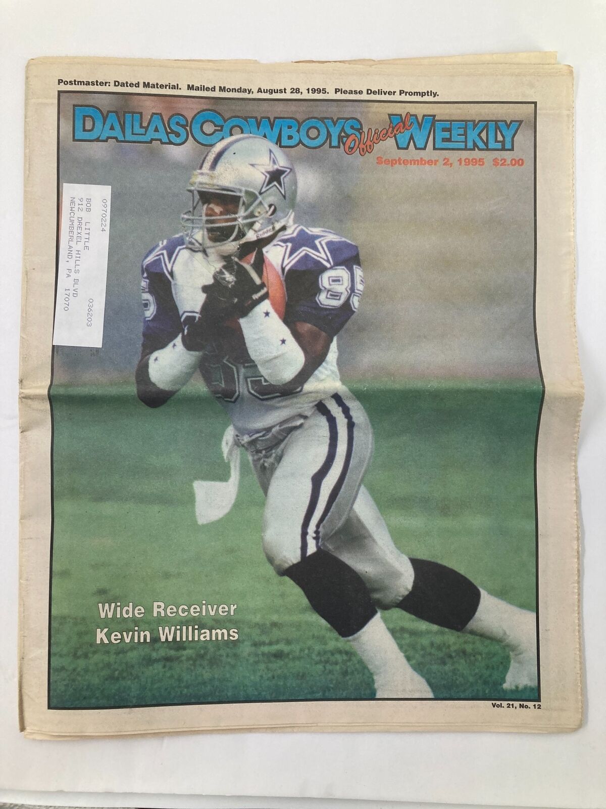 Dallas Cowboys Weekly Newspaper September 2 1995 Vol 21 #12 featuring Wide Receiver Kevin Williams, showcasing a photo of Williams in action on the field, highlighting sports memorabilia.