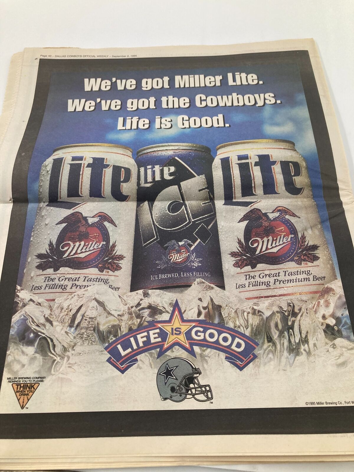 Dallas Cowboys Weekly Newspaper September 2 1995 Vol 21 #12 advertisement for Miller Lite featuring the Cowboys, promoting the beer with the slogan 'Life is Good'.
