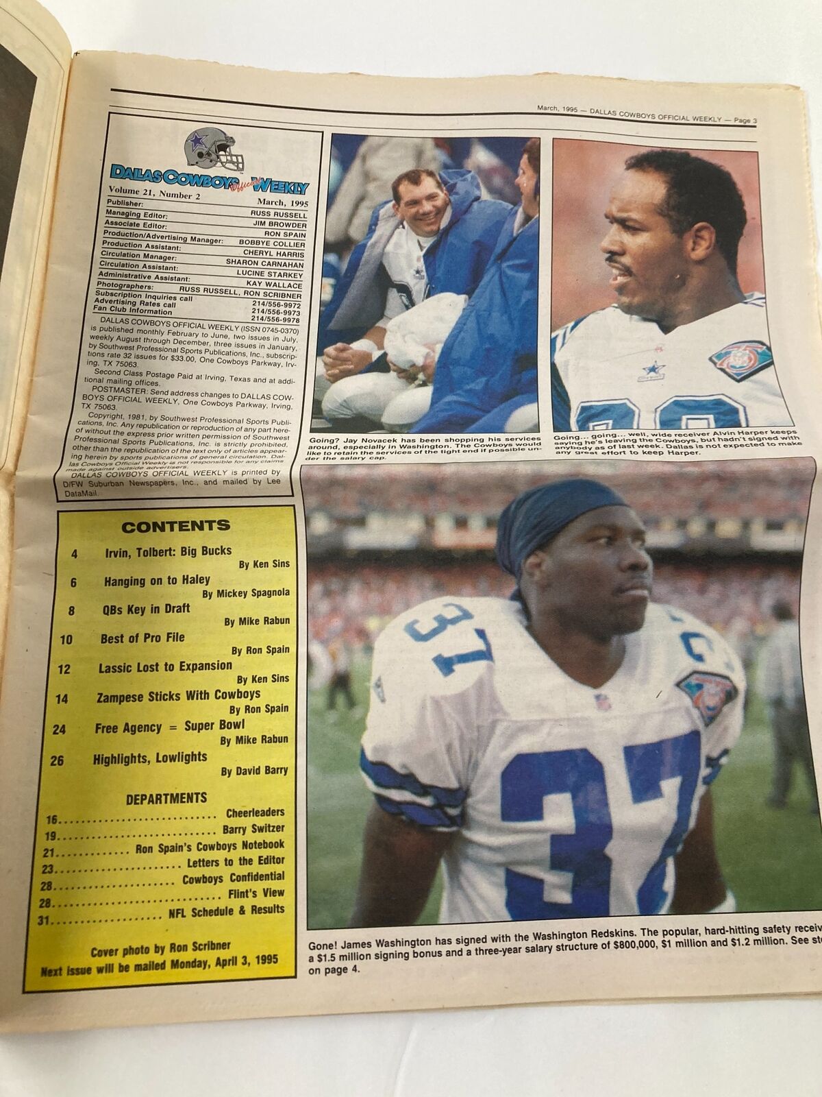 Inside spread of the Dallas Cowboys Weekly Newspaper March 1995 showing highlights and contents, including profiles and articles about team members.