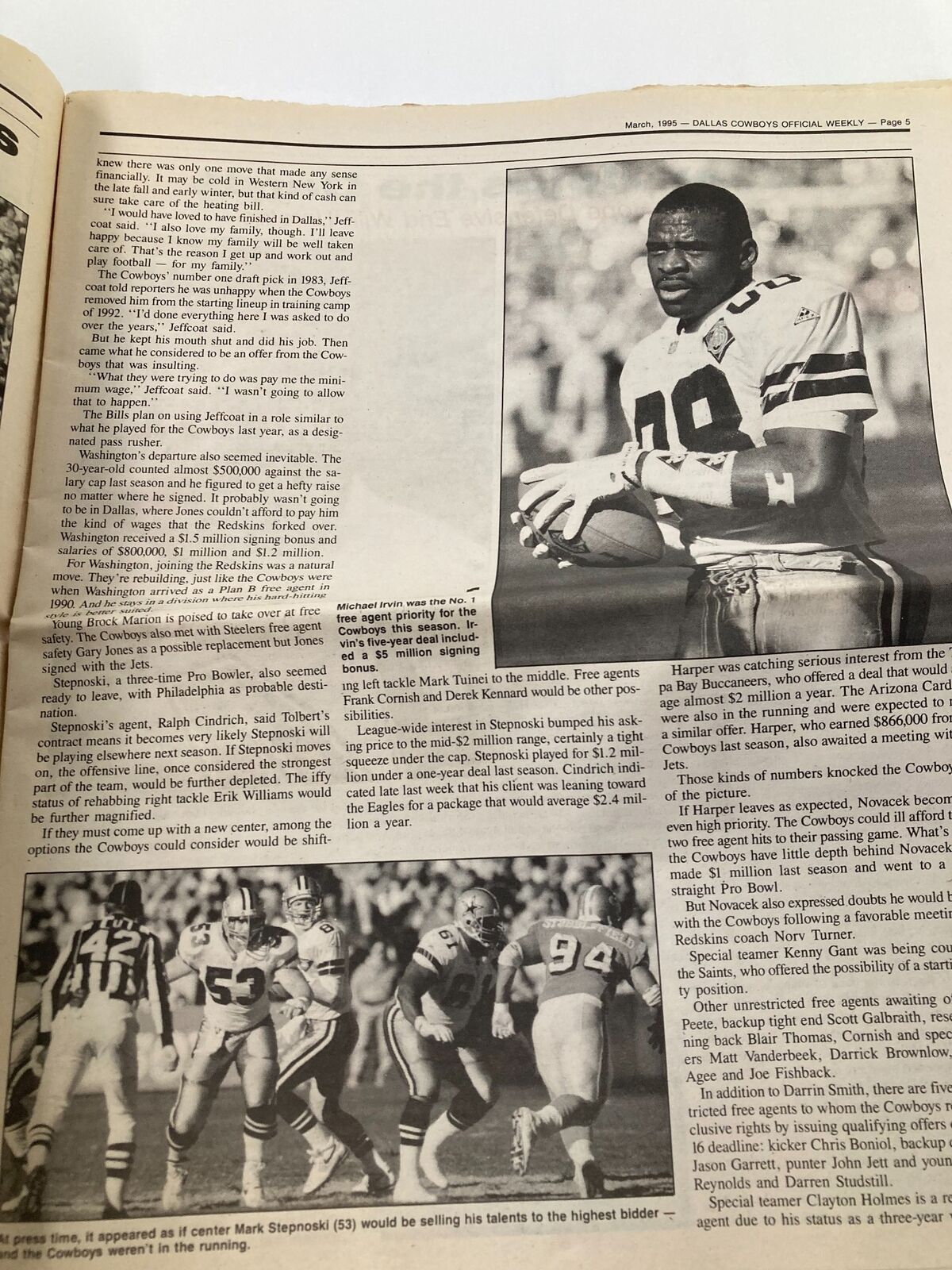 Inside page of Dallas Cowboys Weekly Newspaper March 1995 discussing player movements and contracts including a segment on Mark Stepnoski.