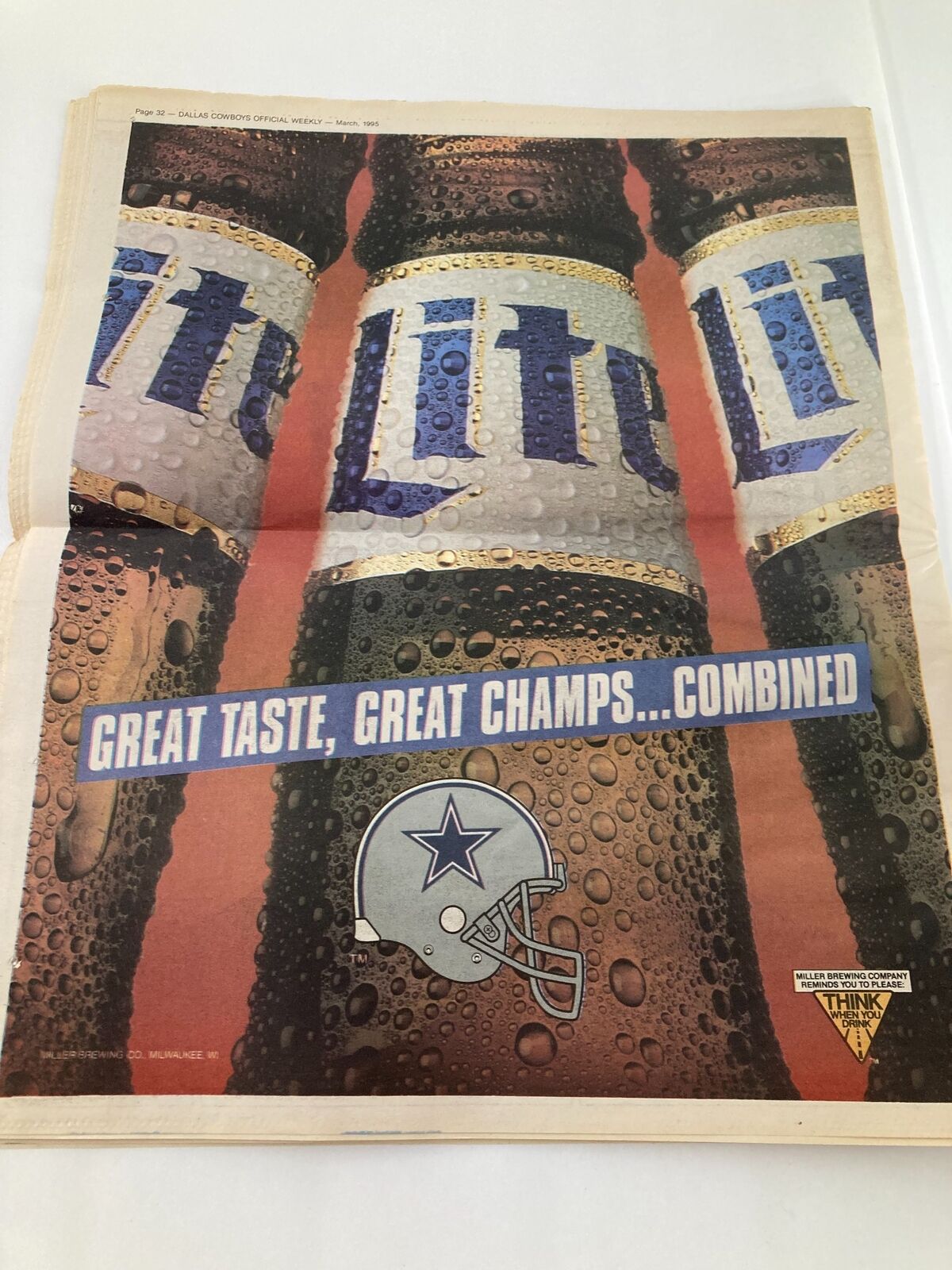 Dallas Cowboys Weekly Newspaper March 1995 Vol 21 #2 featuring an advertisement with three beer bottles showcasing the slogan 'Great Taste, Great Champs...Combined'