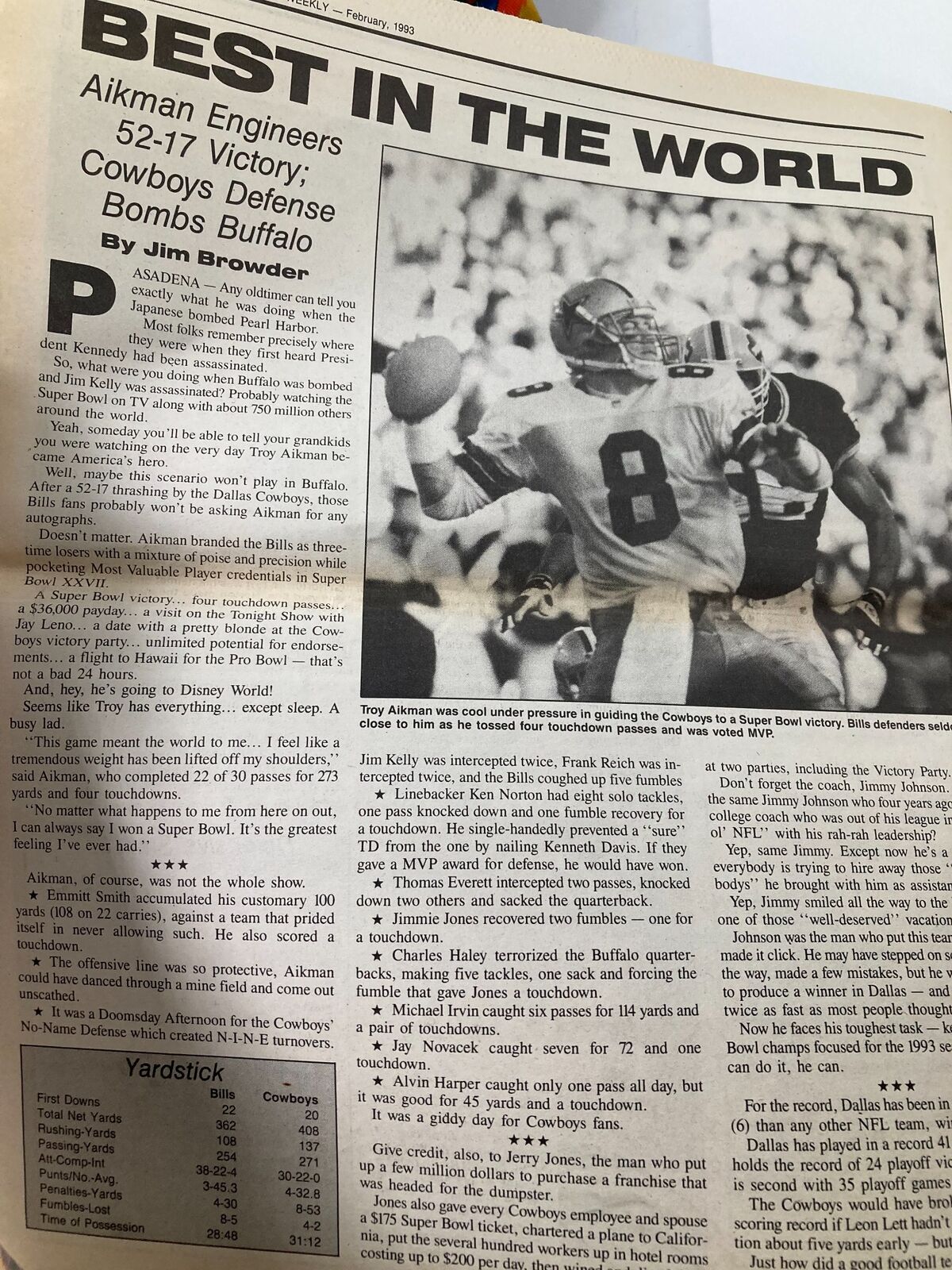 Article titled 'Best in the World' from the Dallas Cowboys Weekly Newspaper February 1993 Vol 19 #1 with a photo of Troy Aikman leading the Cowboys to a Super Bowl victory.