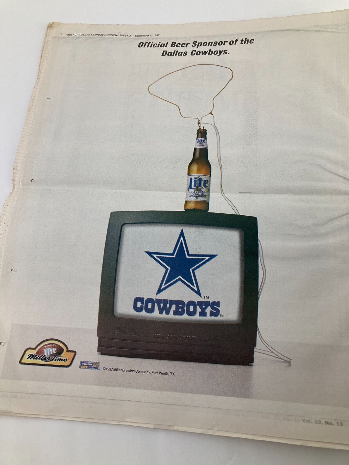 Dallas Cowboys Weekly Newspaper September 6 1997 Vol 23 #13 featuring an advertisement for Miller Lite as the official beer sponsor of the Dallas Cowboys.