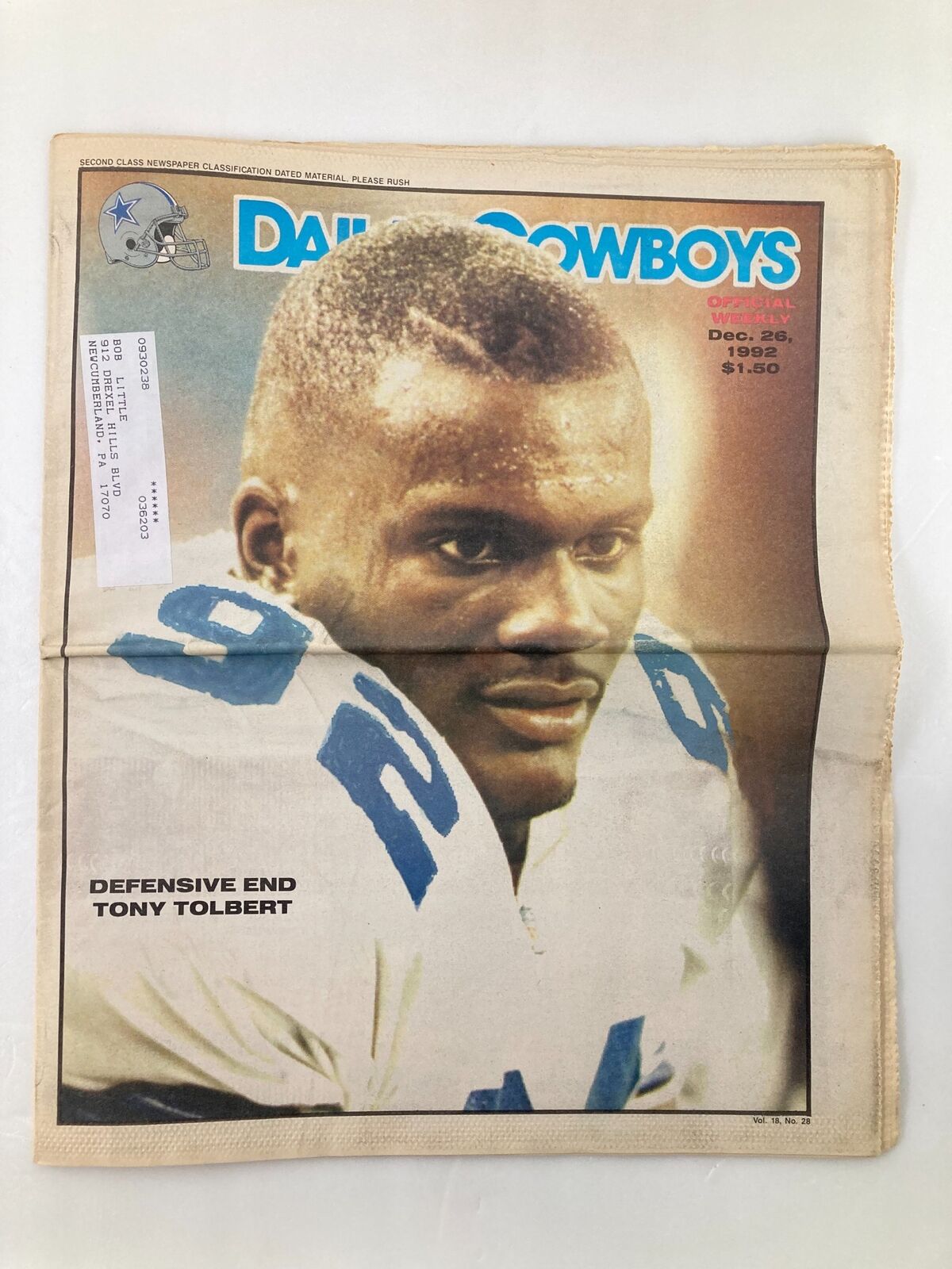 Dallas Cowboys Weekly Newspaper December 26 1992 Vol 19 #28 featuring Defensive End Tony Tolbert on the cover.