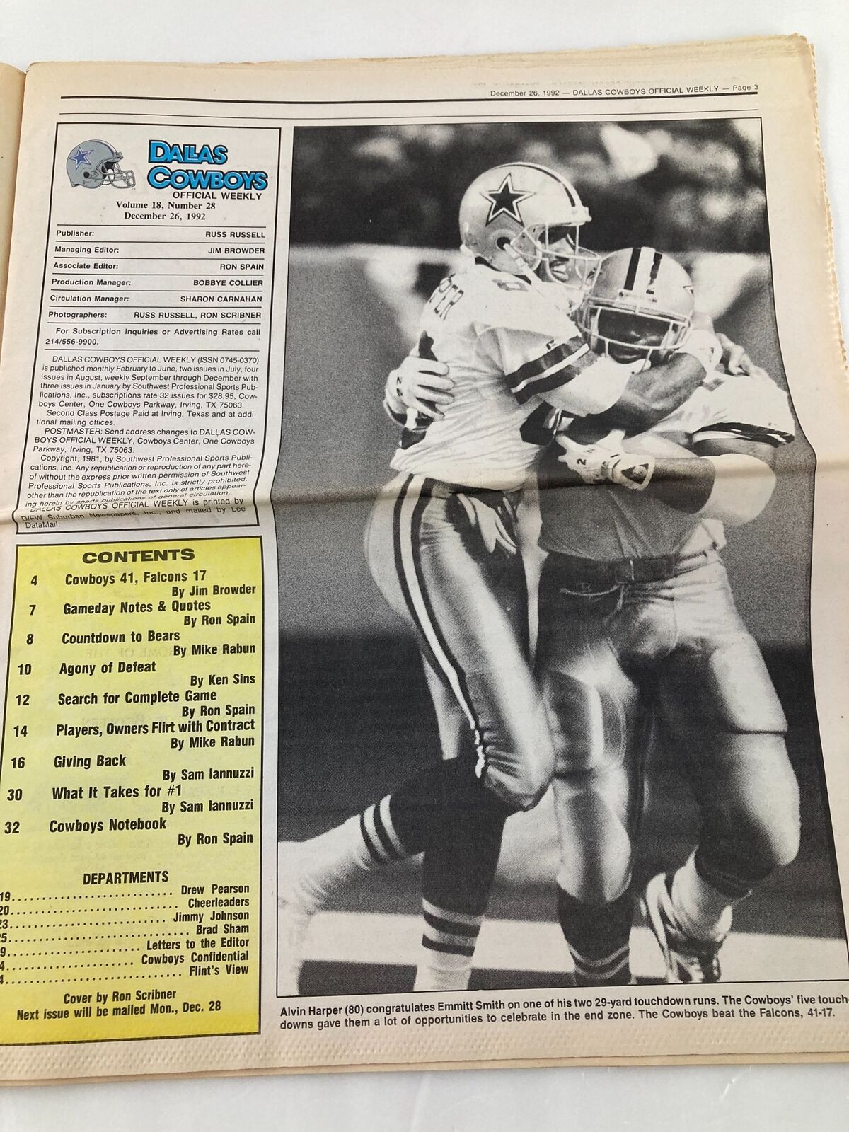 Interior page of Dallas Cowboys Weekly Newspaper December 26 1992 Vol 19 #28 detailing Emmitt Smith's achievements, highlighting Alvin Harper's touchdown celebration.
